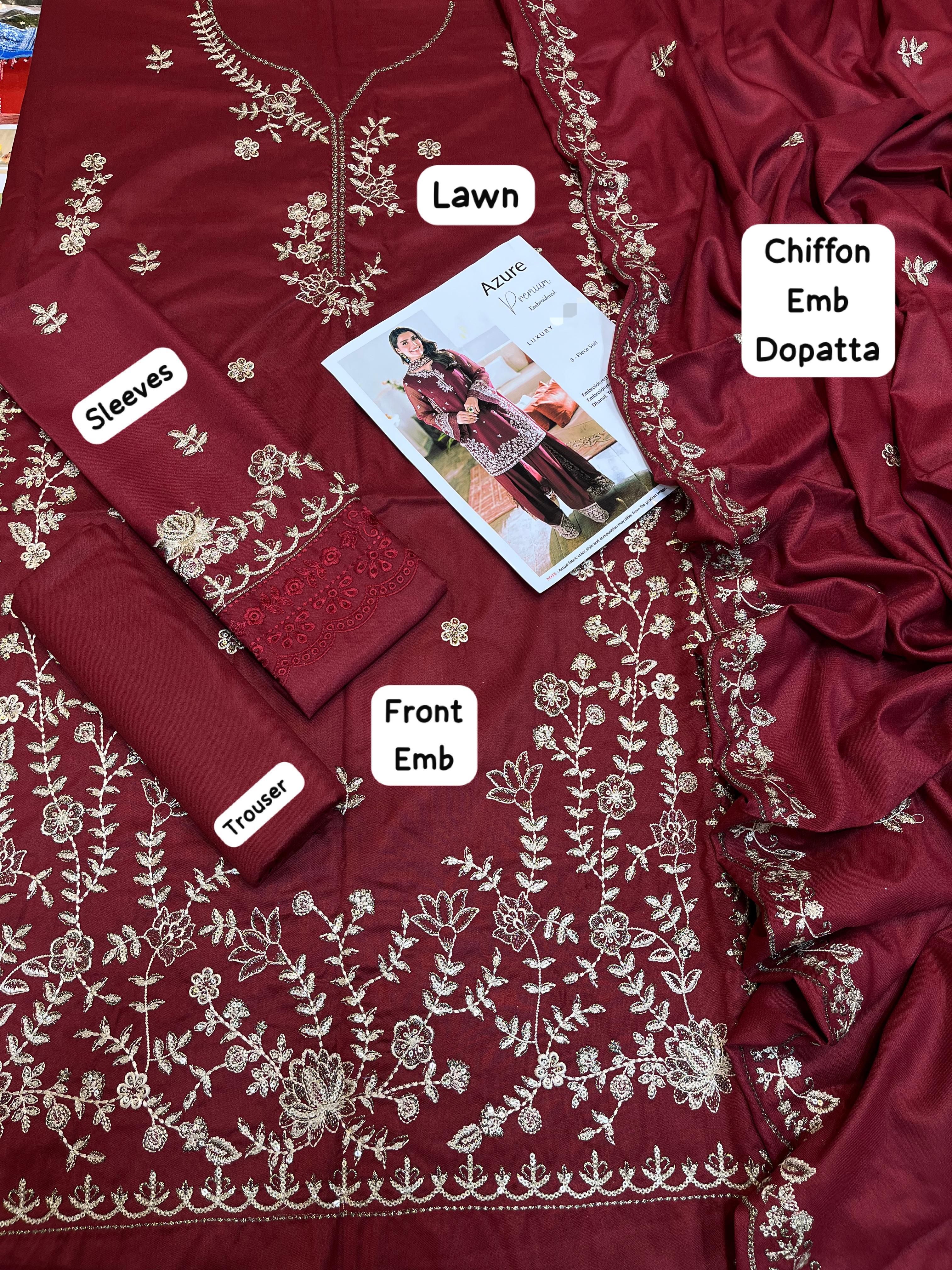 Azure - 3pc Embroidered Lawn with Emb Chiffon Dopatta