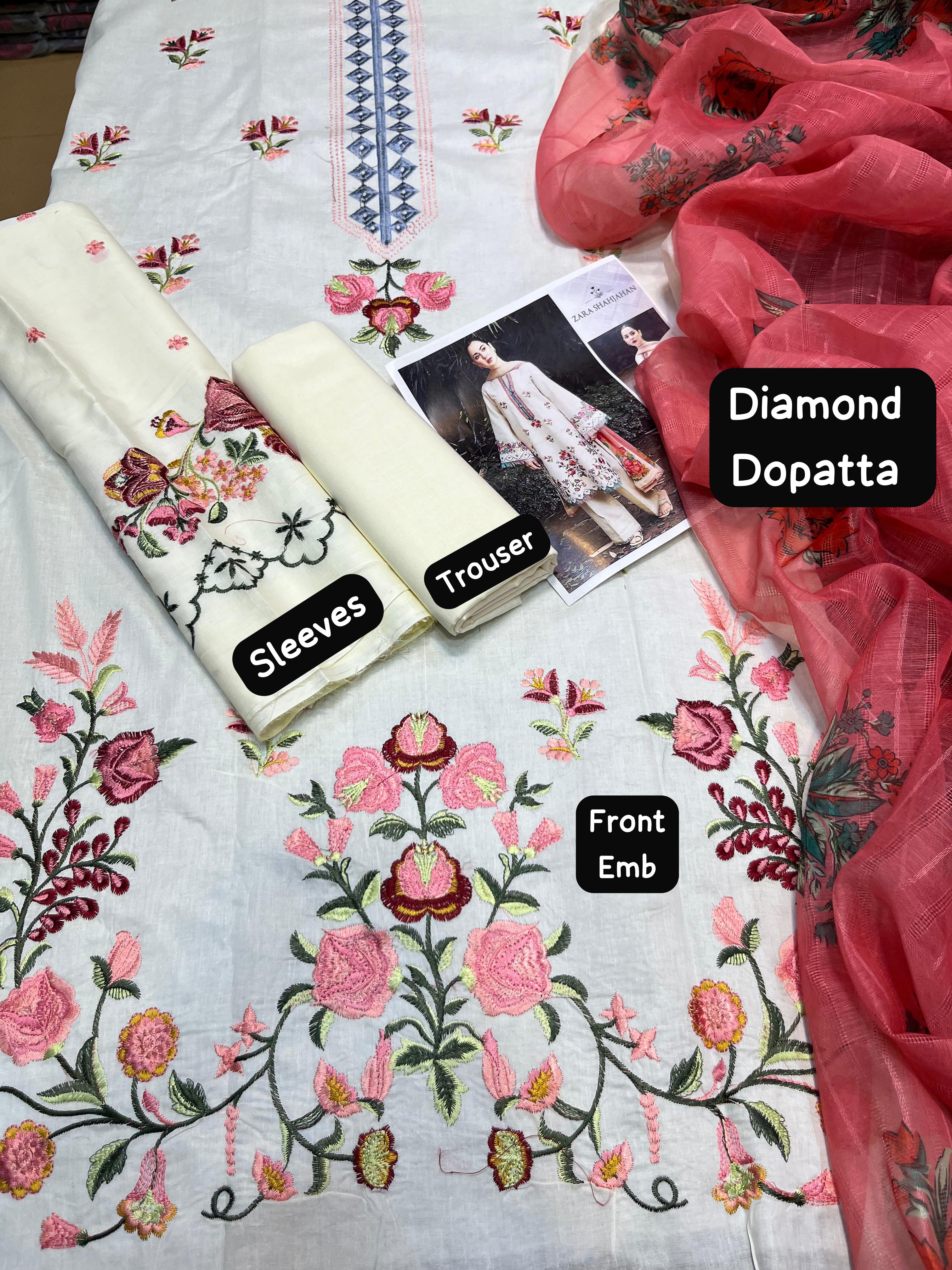 Zarashahjahan - 3pc Embroidered Lawn with Digital print Diamond Dopatta