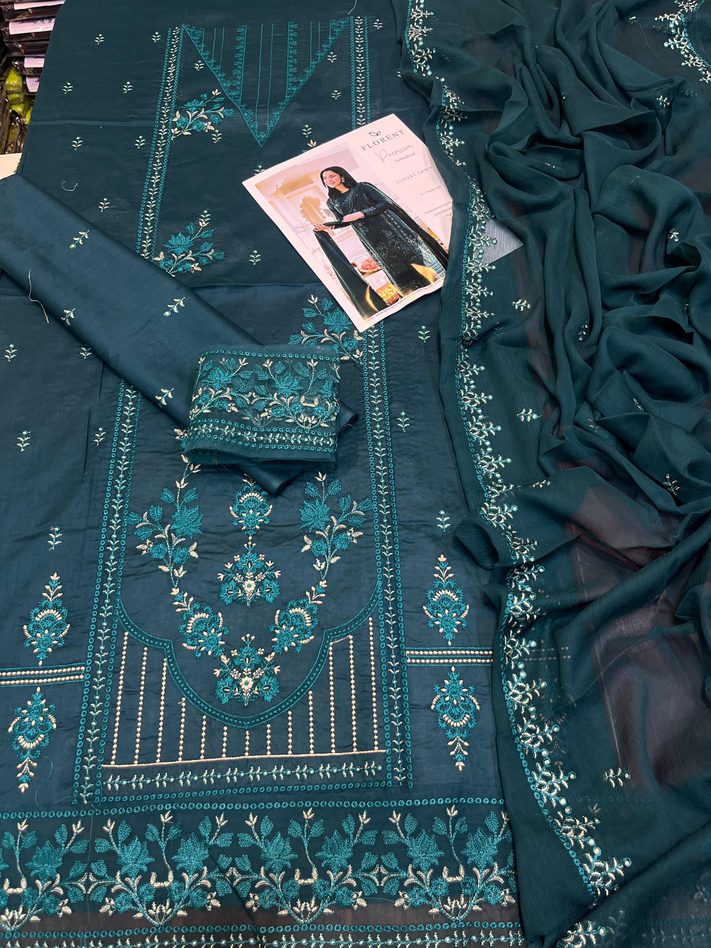 Florant - 3pc Embroidered Lawn with Emb Chiffon Dopatta