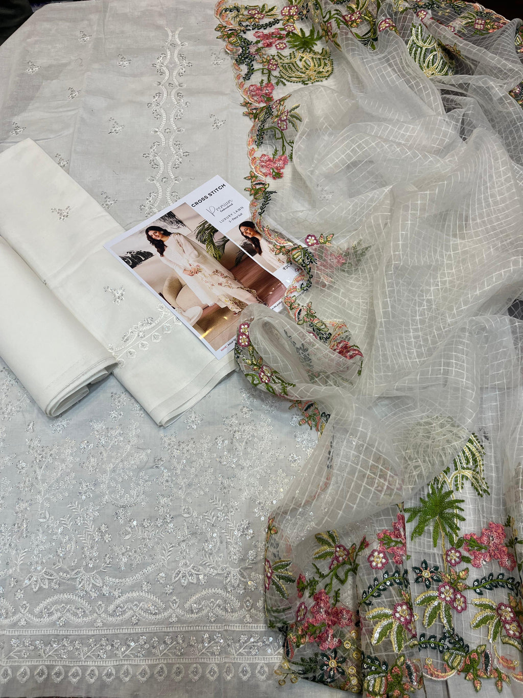 Cross rich - 3pc Embroidered Lawn with Emb ready to wear organza cut work Dopatta
