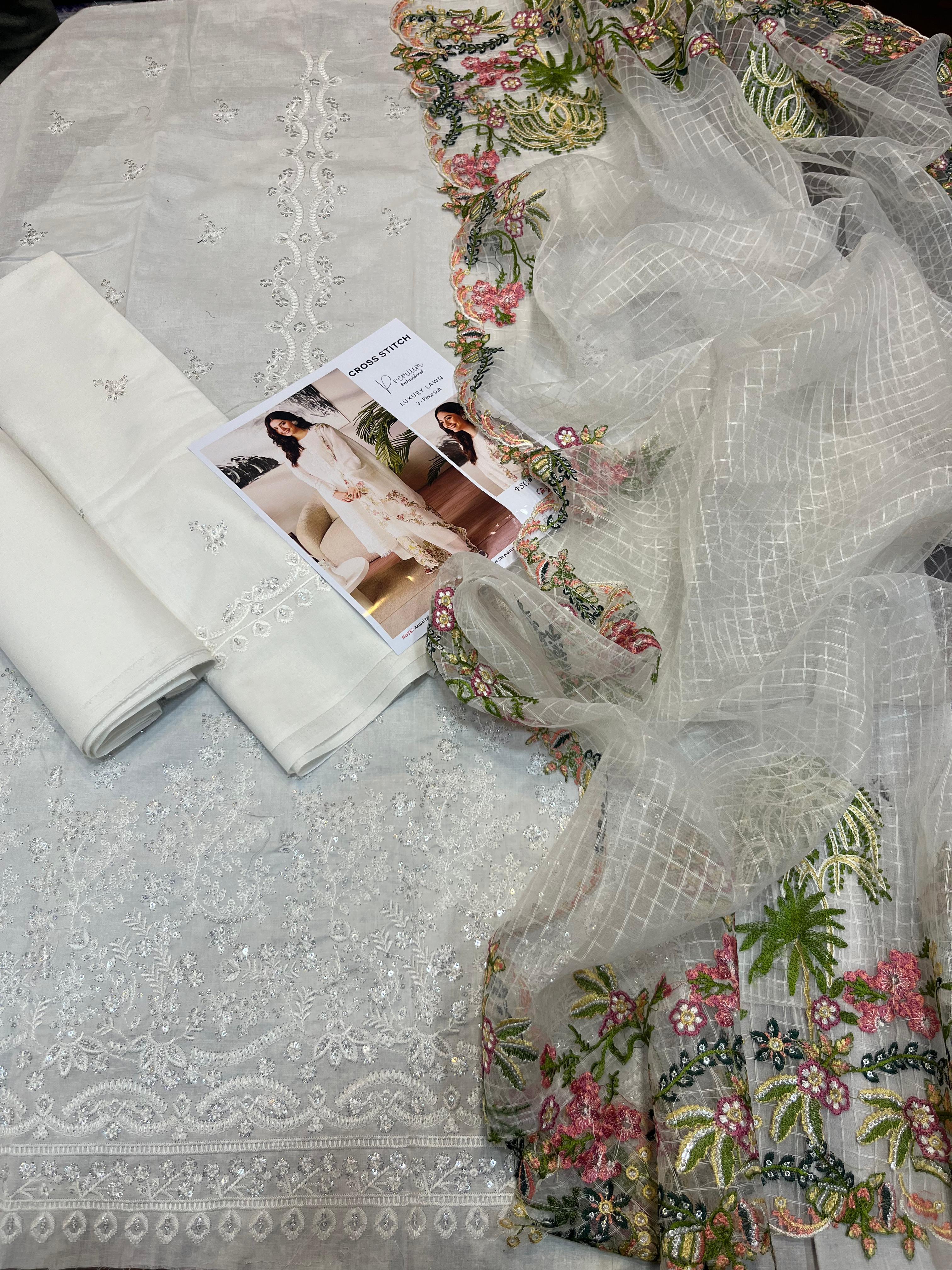 Cross rich - 3pc Embroidered Lawn with Emb ready to wear organza cut work Dopatta