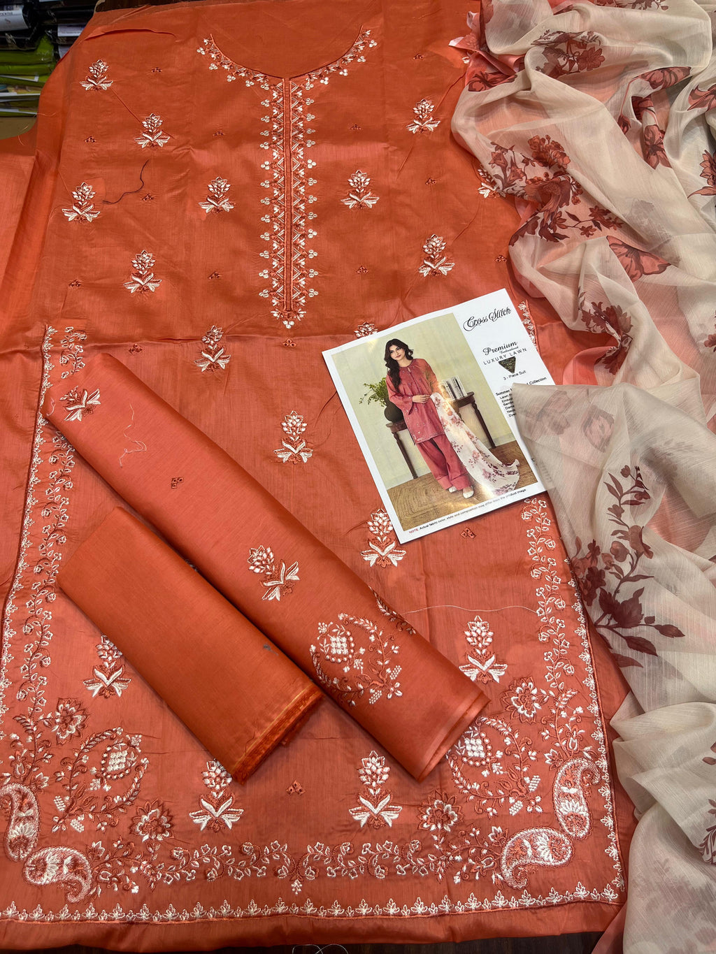 Cross stitch - 3pc Embroidered Lawn with Printed chiffon Dopatta