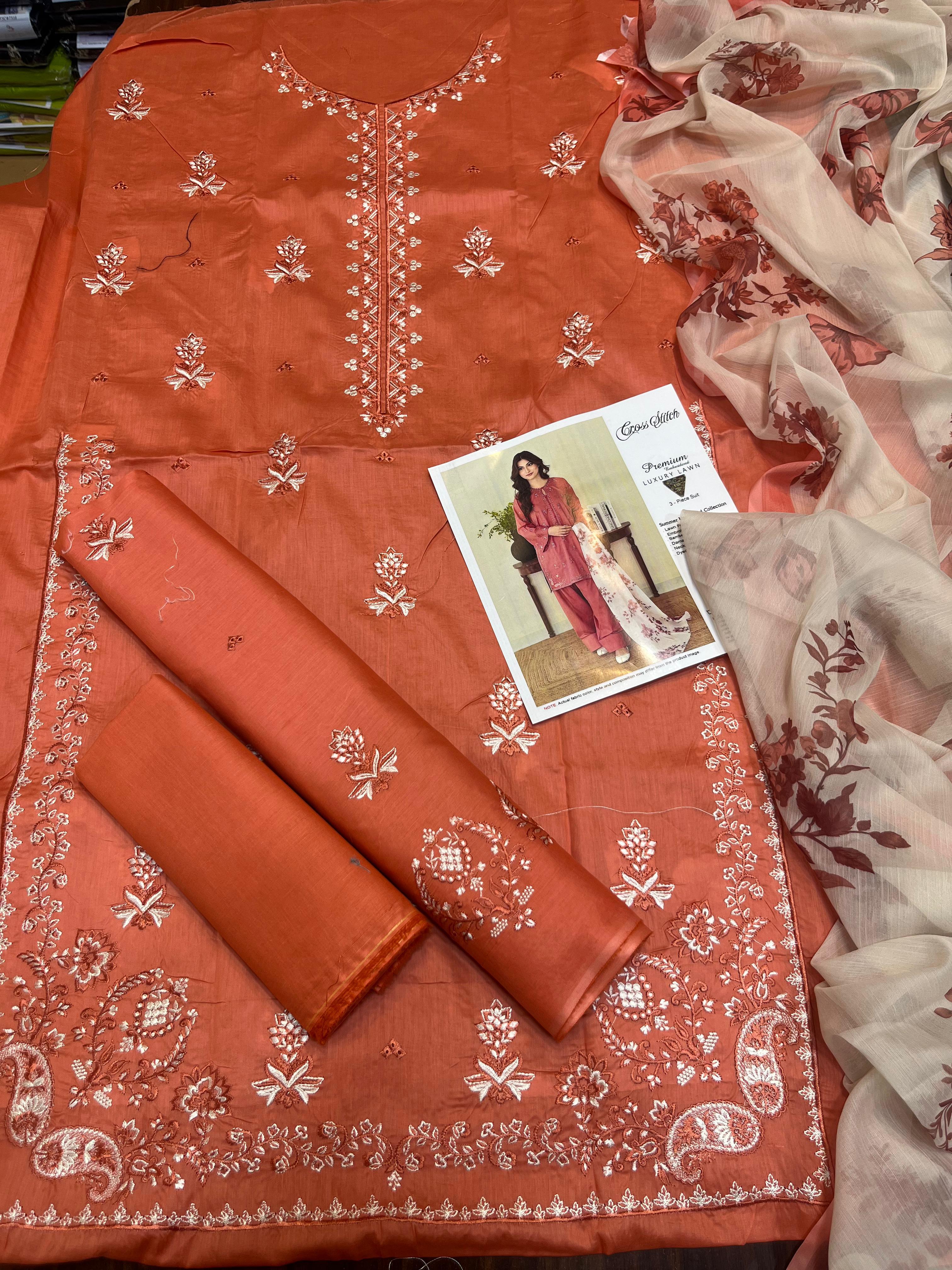 Cross stitch - 3pc Embroidered Lawn with Printed chiffon Dopatta
