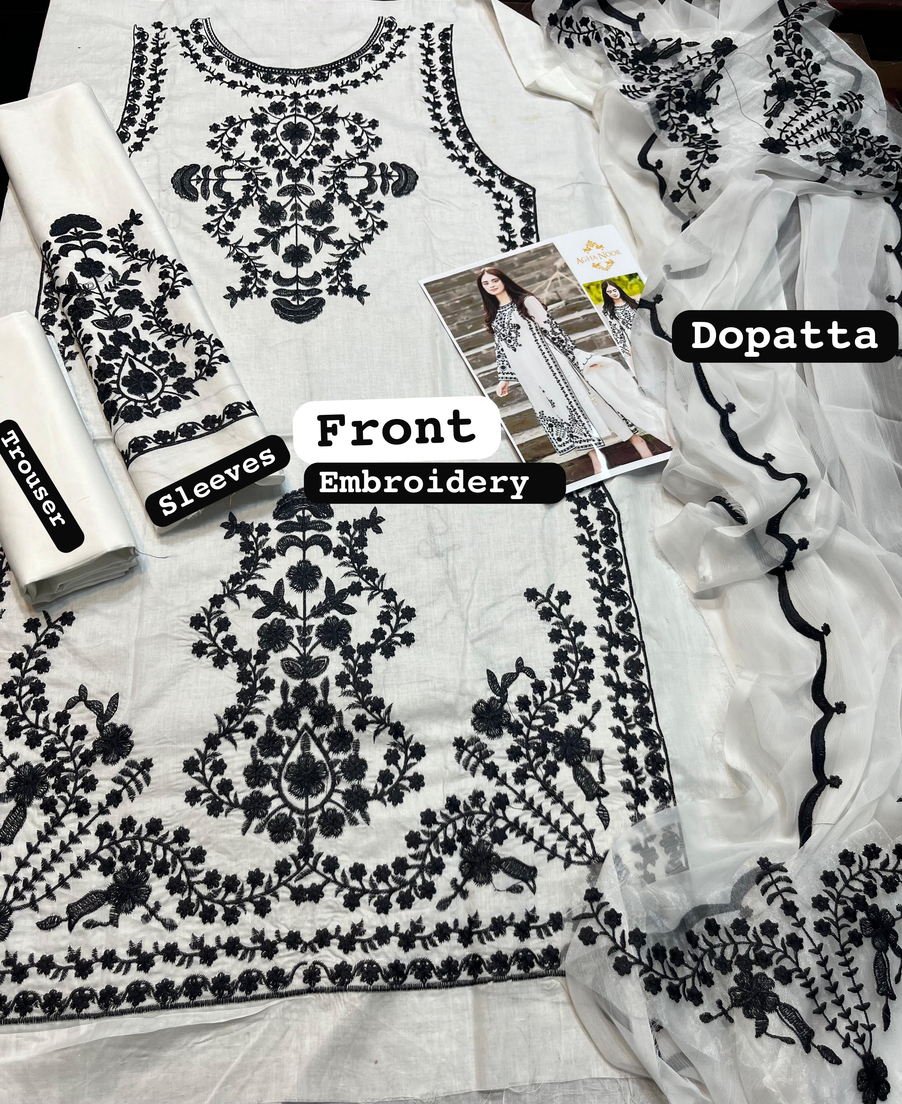 Agha noor- 3pc Embroidered Lawn with Emb Chiffon Dopatta