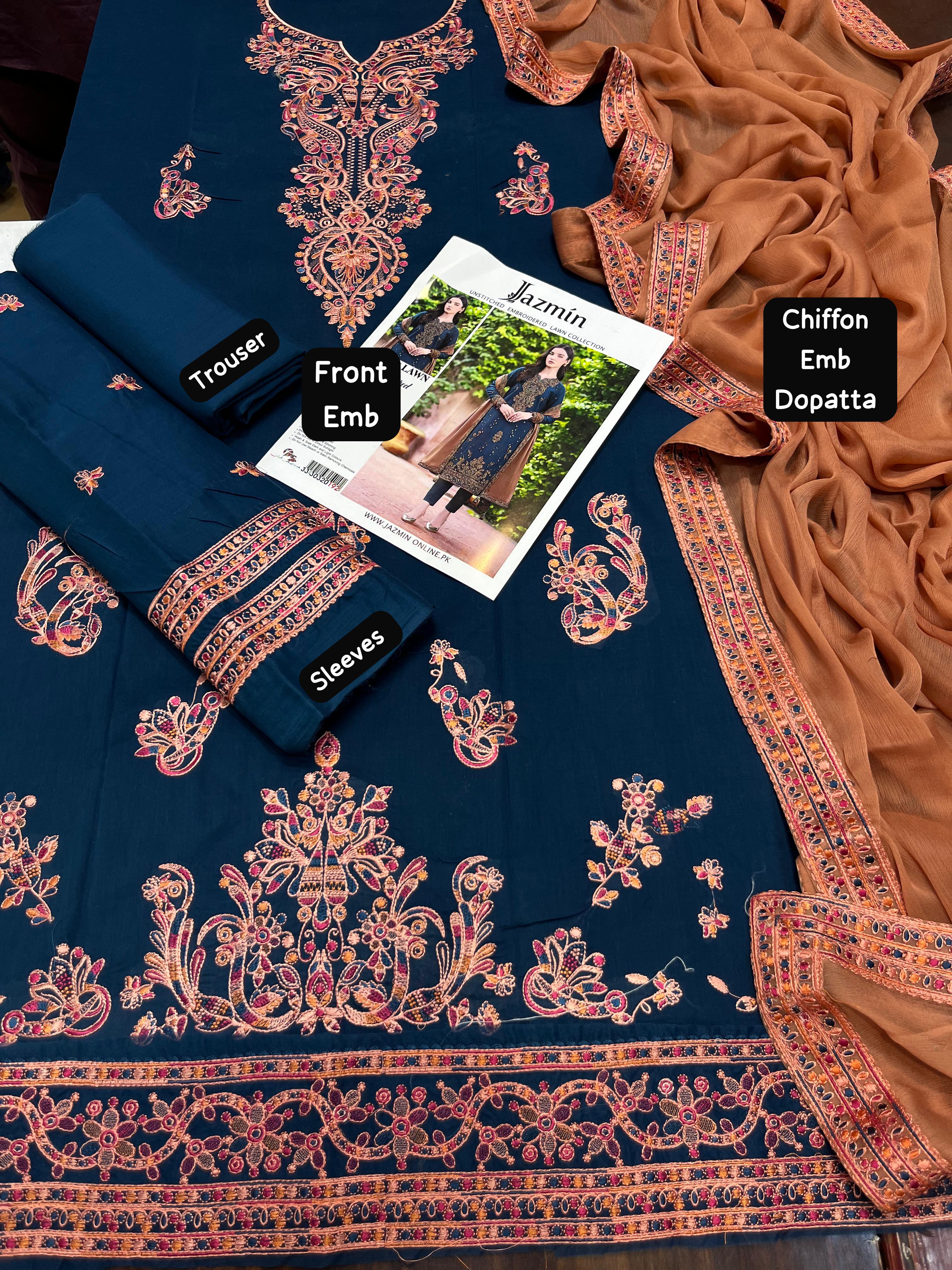 Jazmin - 3pc Embroidered Lawn with Emb Chiffon Dopatta