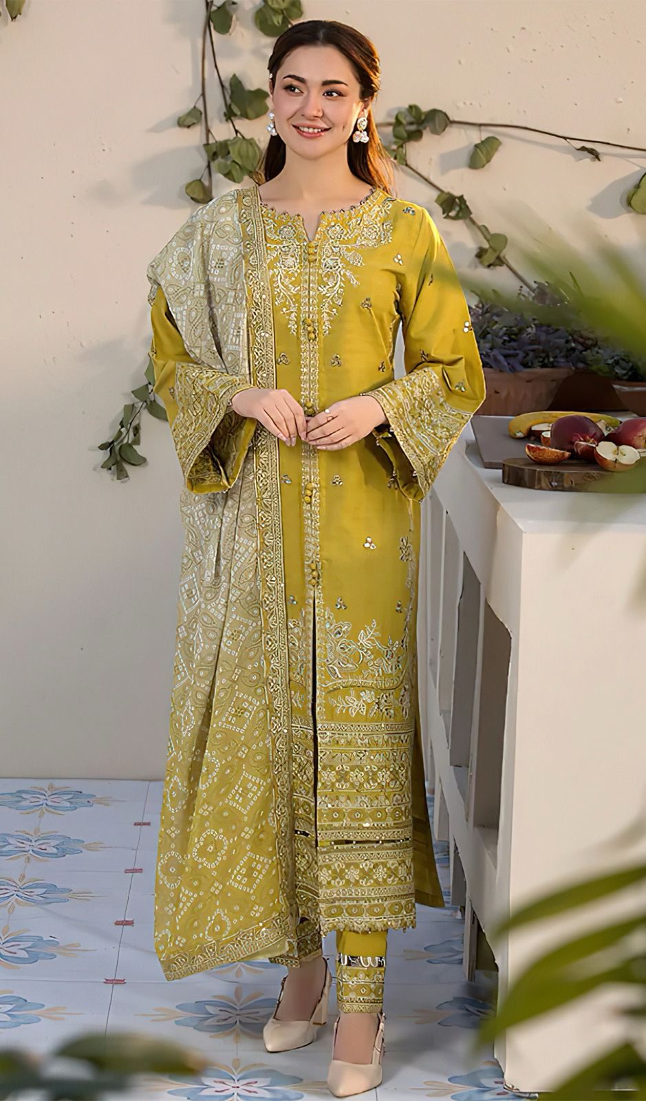 Jade - 3pc Embroidered Lawn with Printed chiffon Dopatta