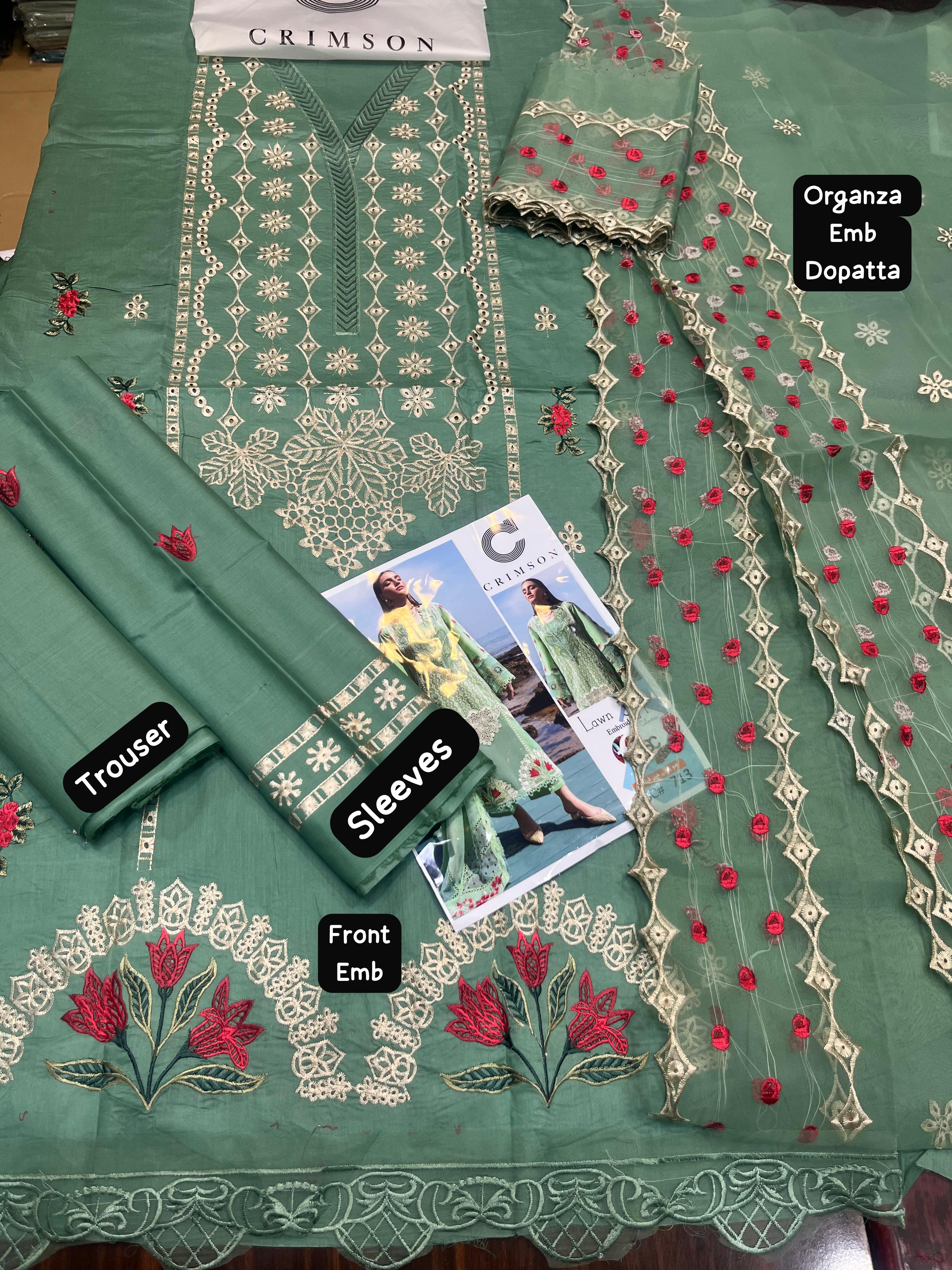 Chrimson - 3pc Chikenkari Embroidered Lawn with Emb Organza Dopatta