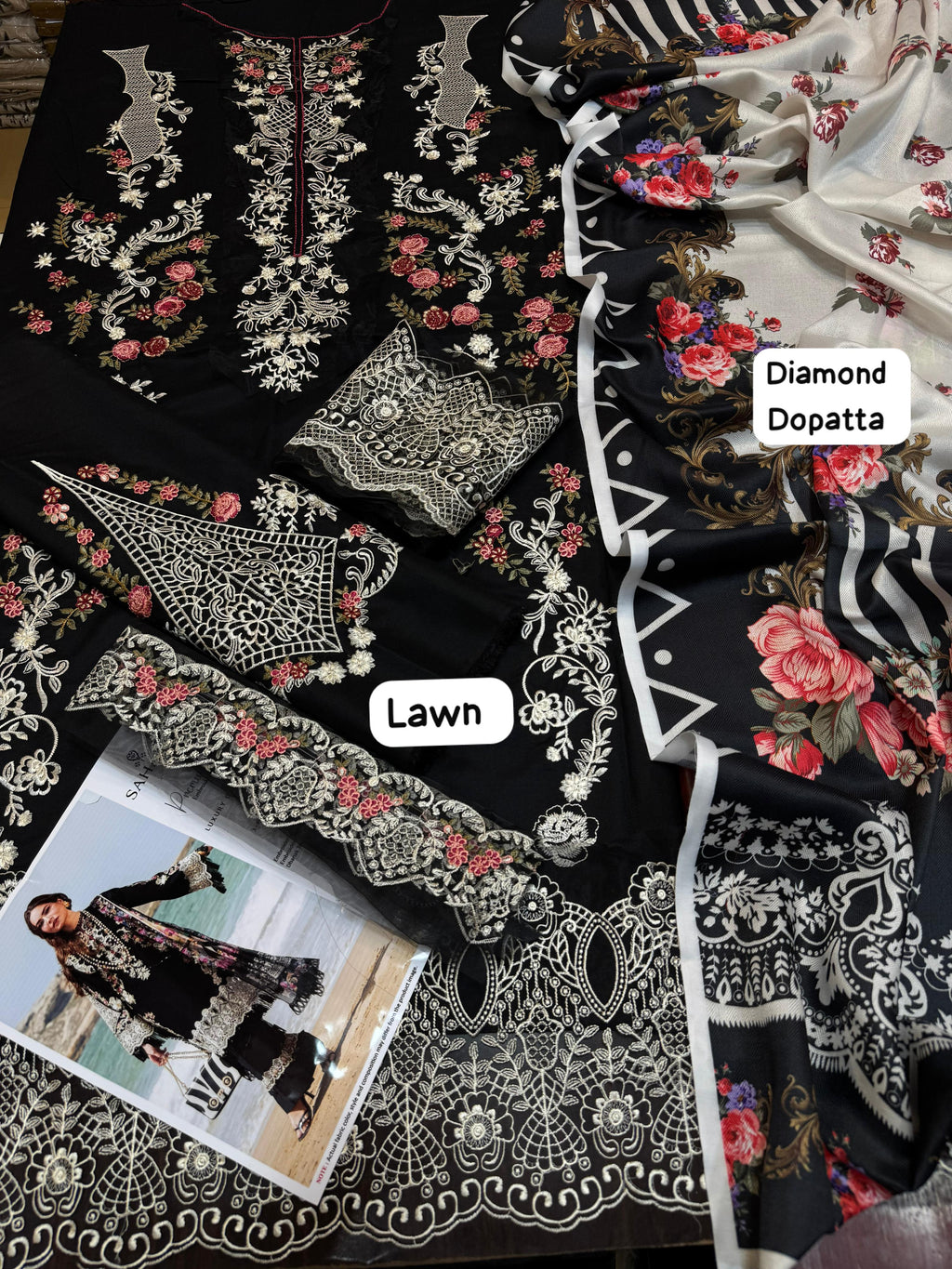 Sahane - 3pc Embroidered Lawn with Printed Diamond Dopatta