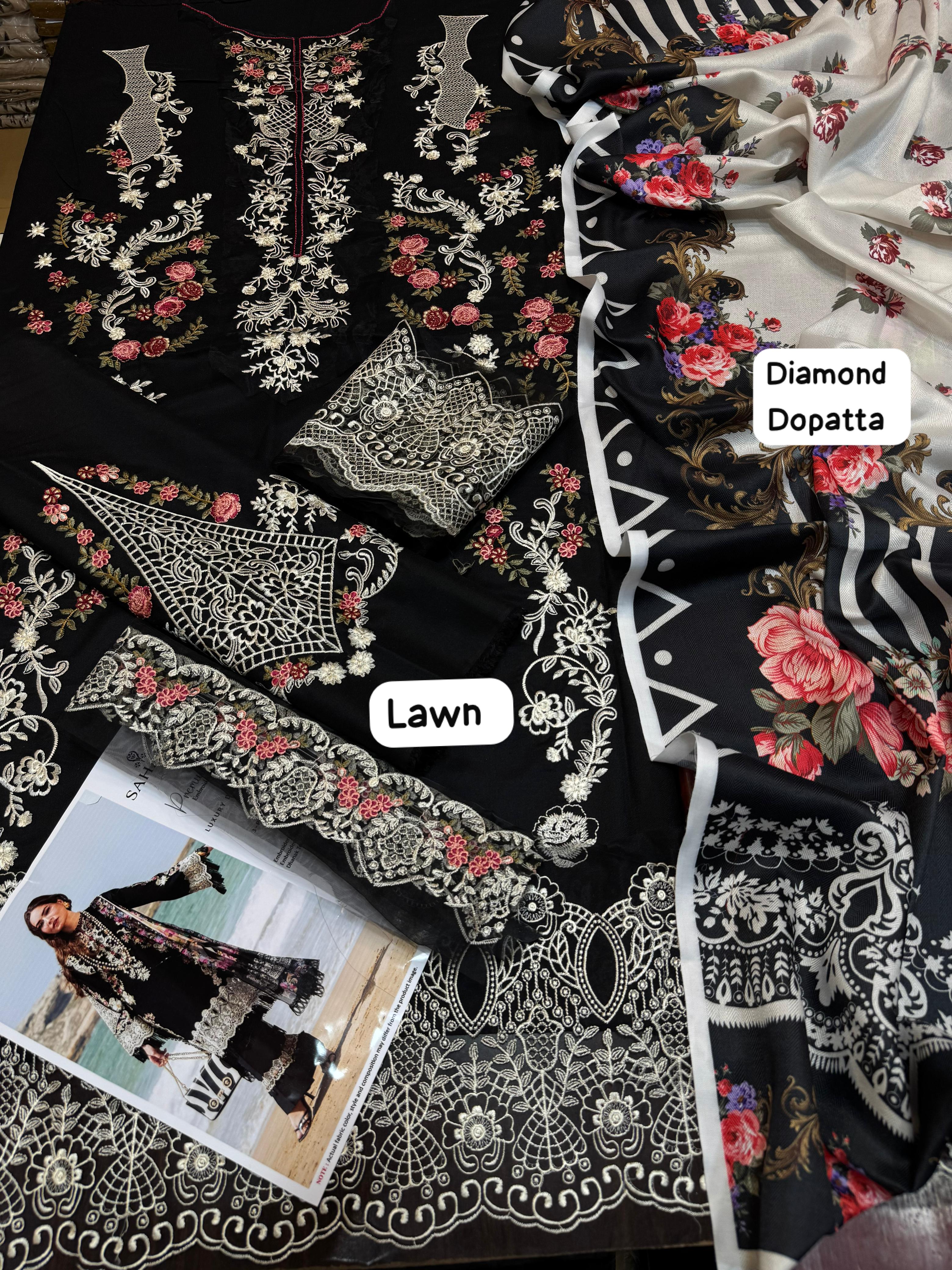 Sahane - 3pc Embroidered Lawn with Printed Diamond Dopatta