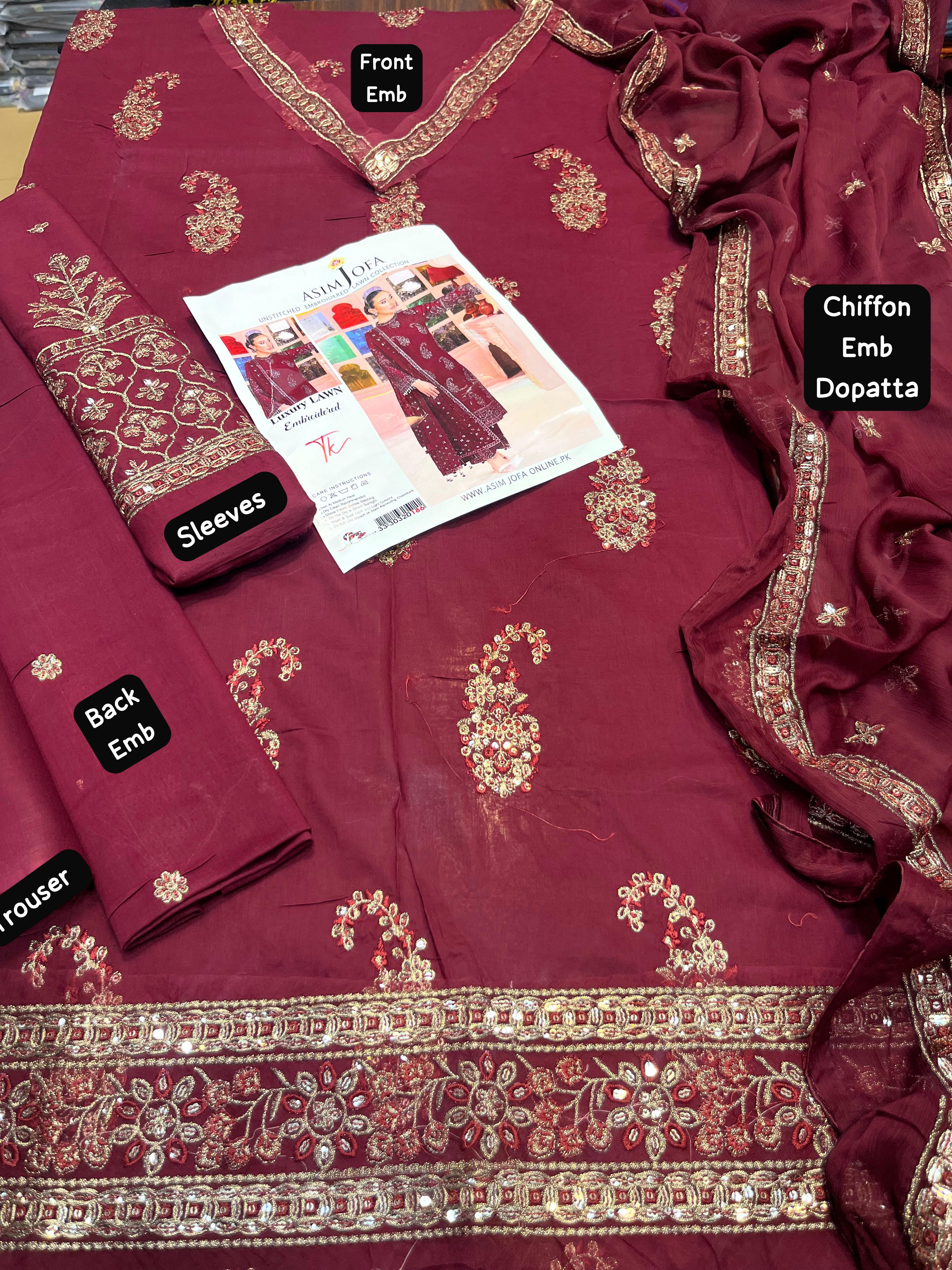 Asim jofa - 3pc Embroidered Lawn with Emb Heavy Chiffon Dopatta