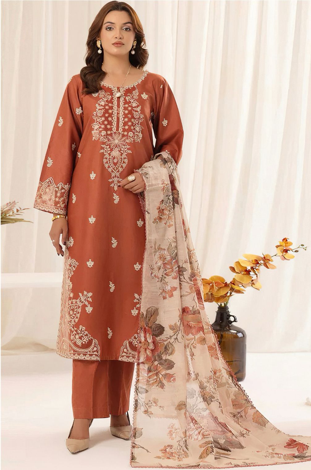 Mohagni - 3pc Embroidered Lawn with Printed Soft chiffon Dopatta