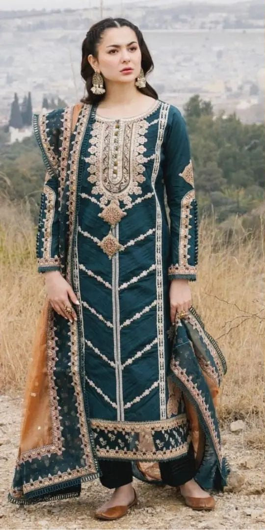 Qalamkar - 3pc Embroidered Lawn with Emb Chiffon Dopatta