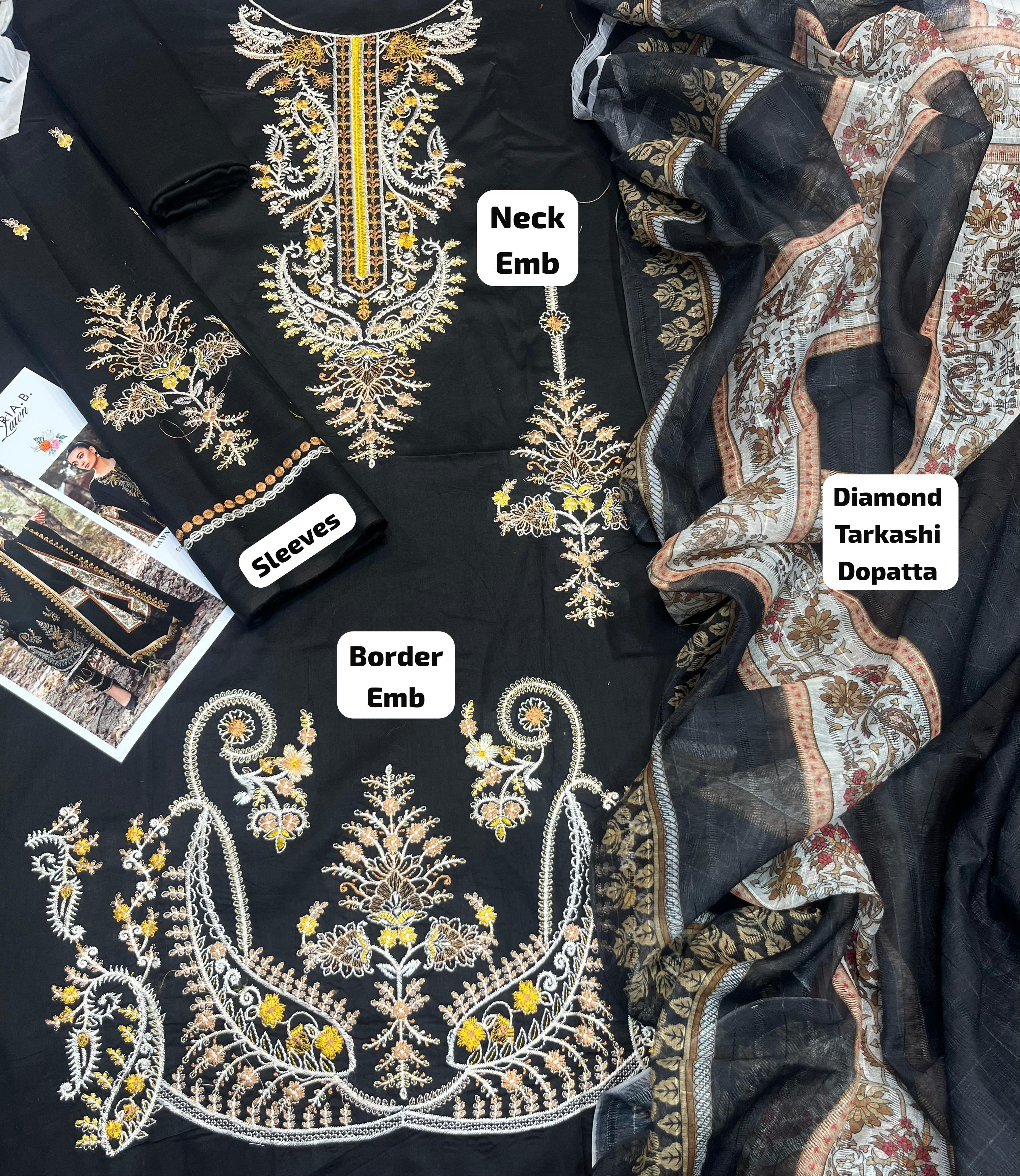 Maria B - 3pc Embroidered Lawn with Emb Chiffon Dopatta