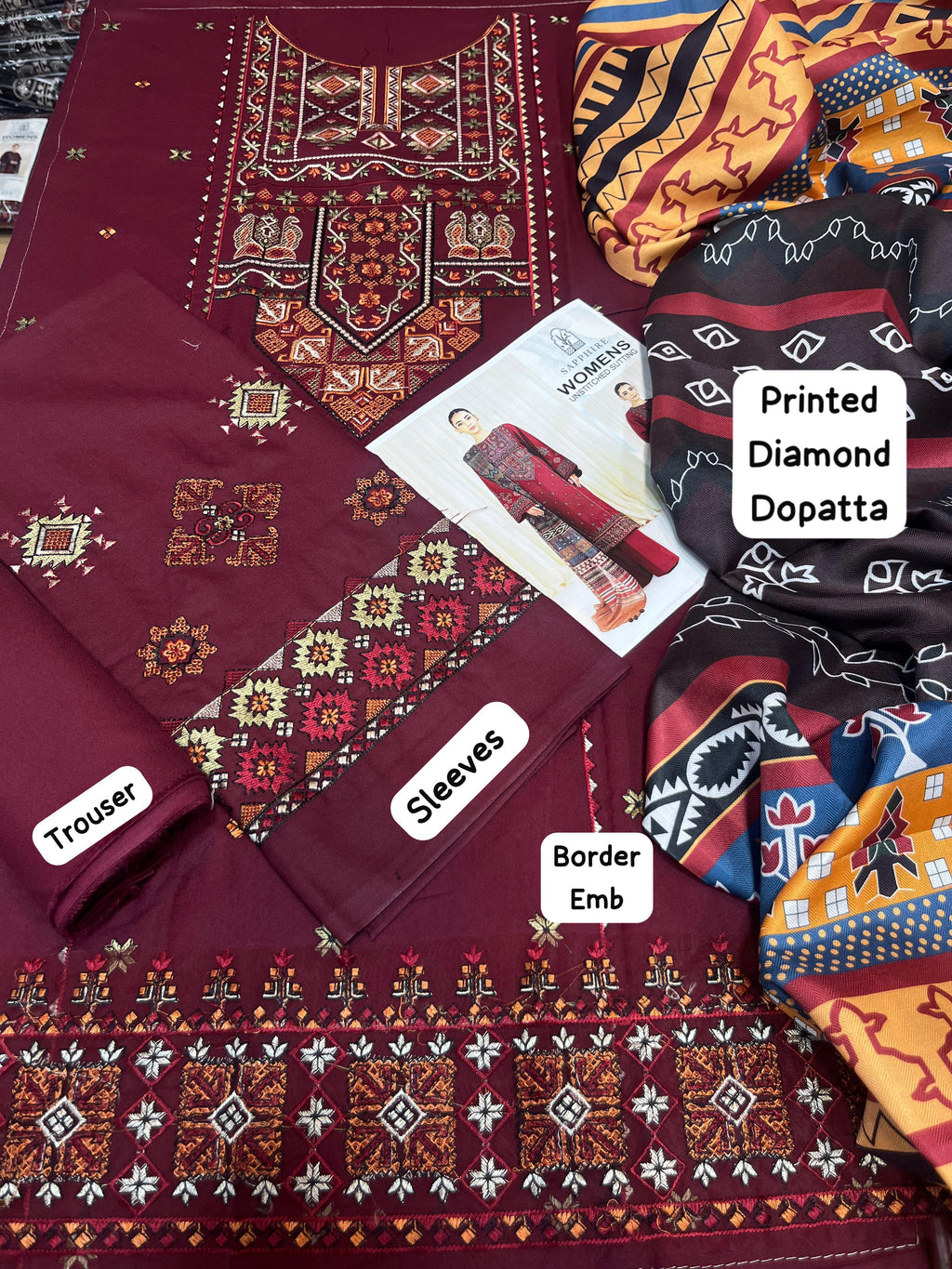 Sapphire - 3pc Embroidered Lawn with Printed Diamond Dopatta
