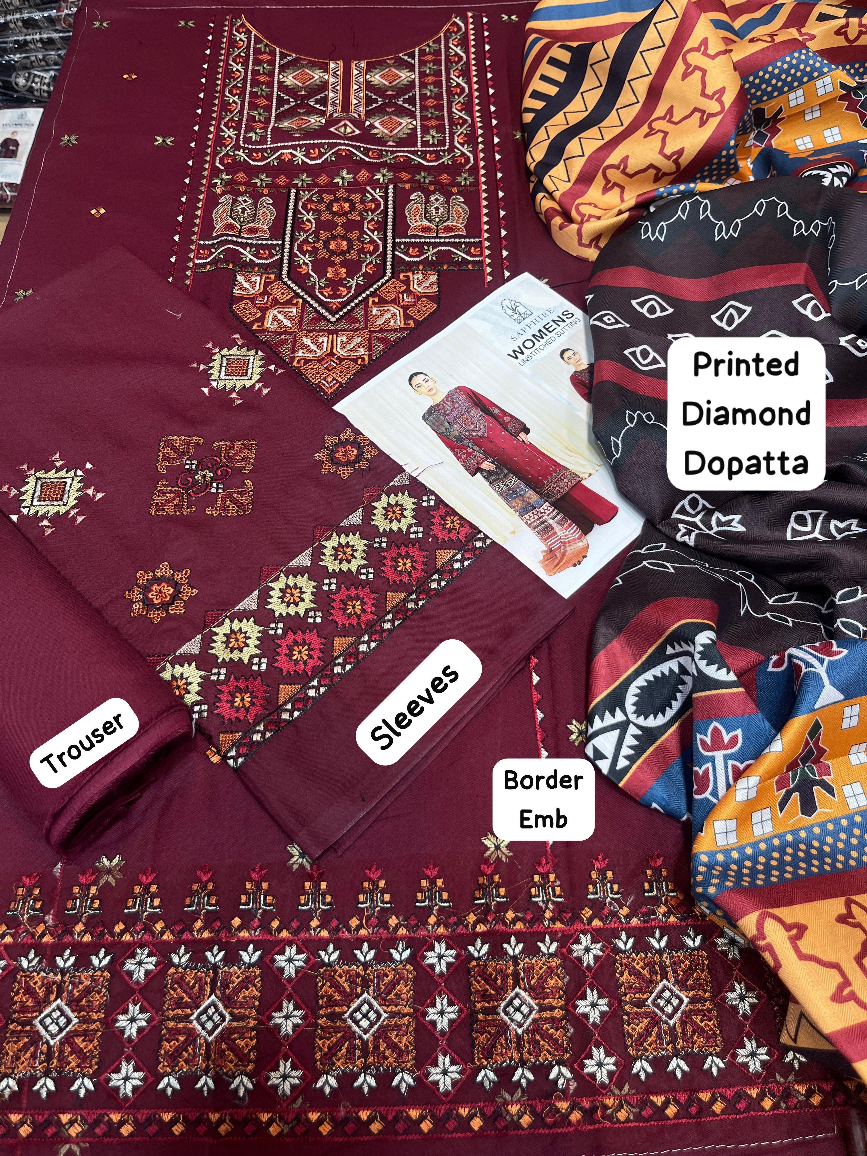 Sapphire - 3pc Embroidered Lawn with Printed Diamond Dopatta