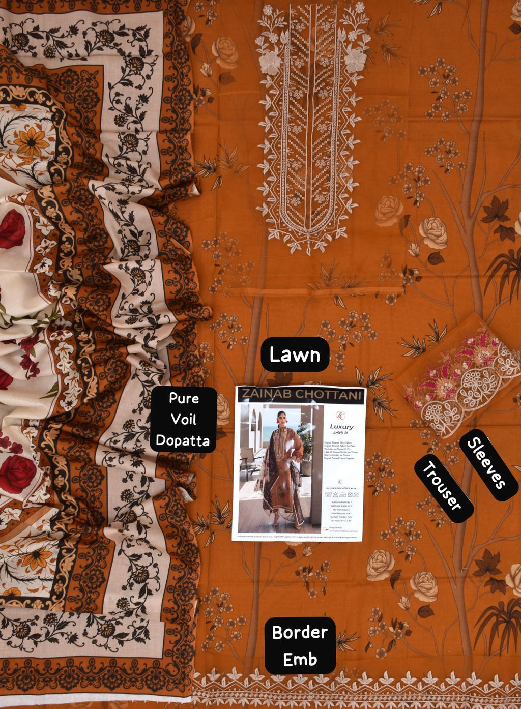 Zainab Chottani - 3pc Embroidered Lawn with Printed Pure Voil Dopatta