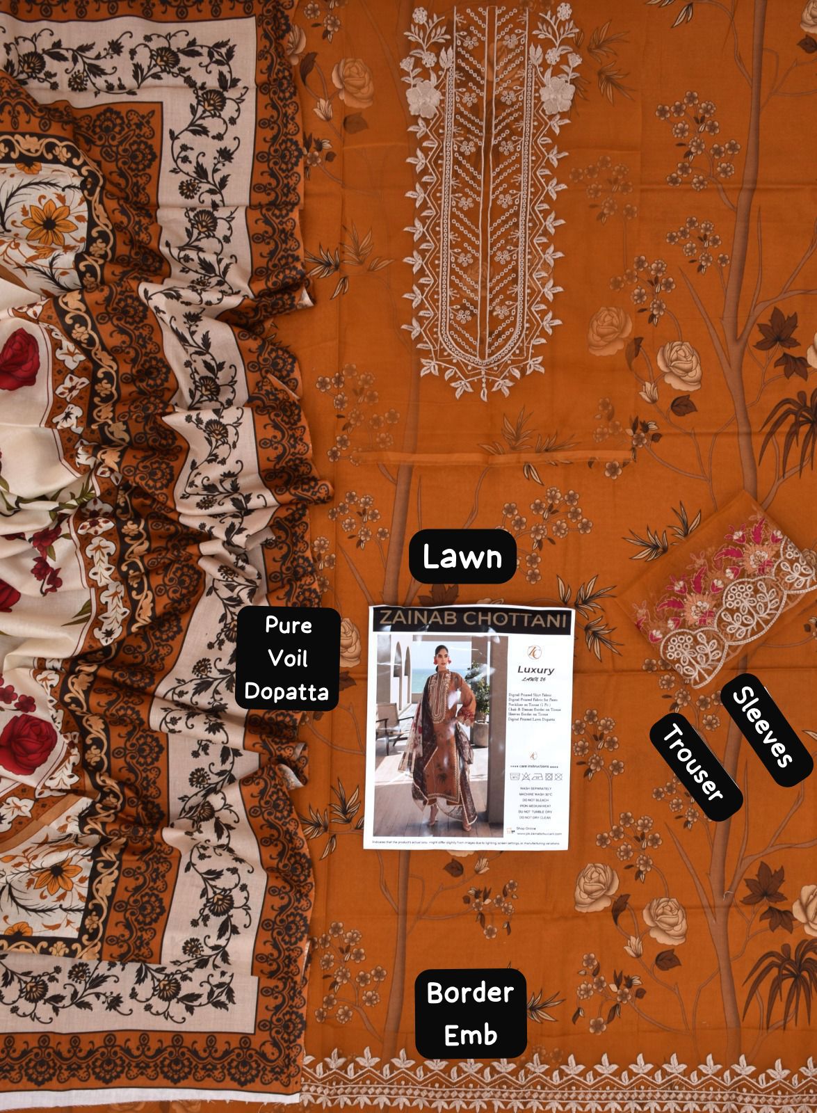 Zainab Chottani - 3pc Embroidered Lawn with Printed Pure Voil Dopatta