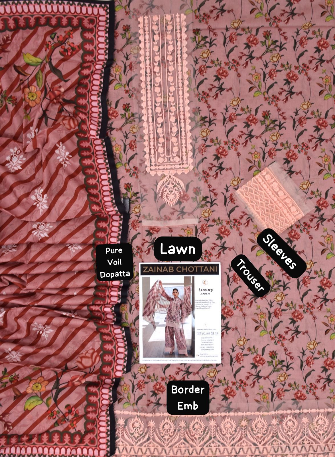 Zainab Chottani - 3pc Embroidered Lawn with Printed Pure Voil Dopatta