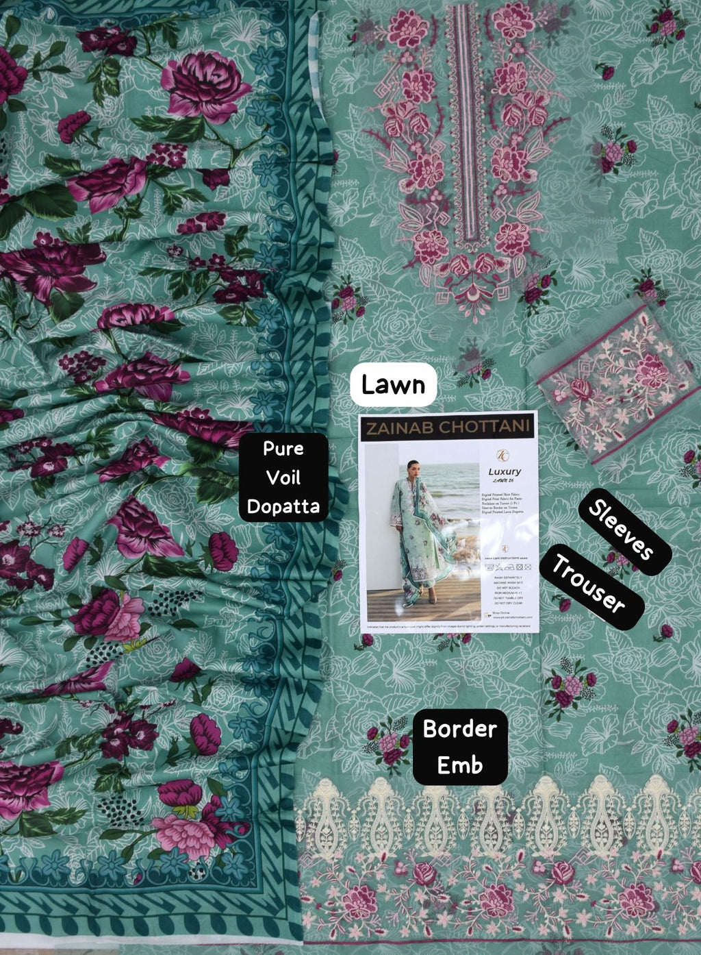 Zainab Chottani - 3pc Embroidered Lawn with Printed Pure Voil Dopatta