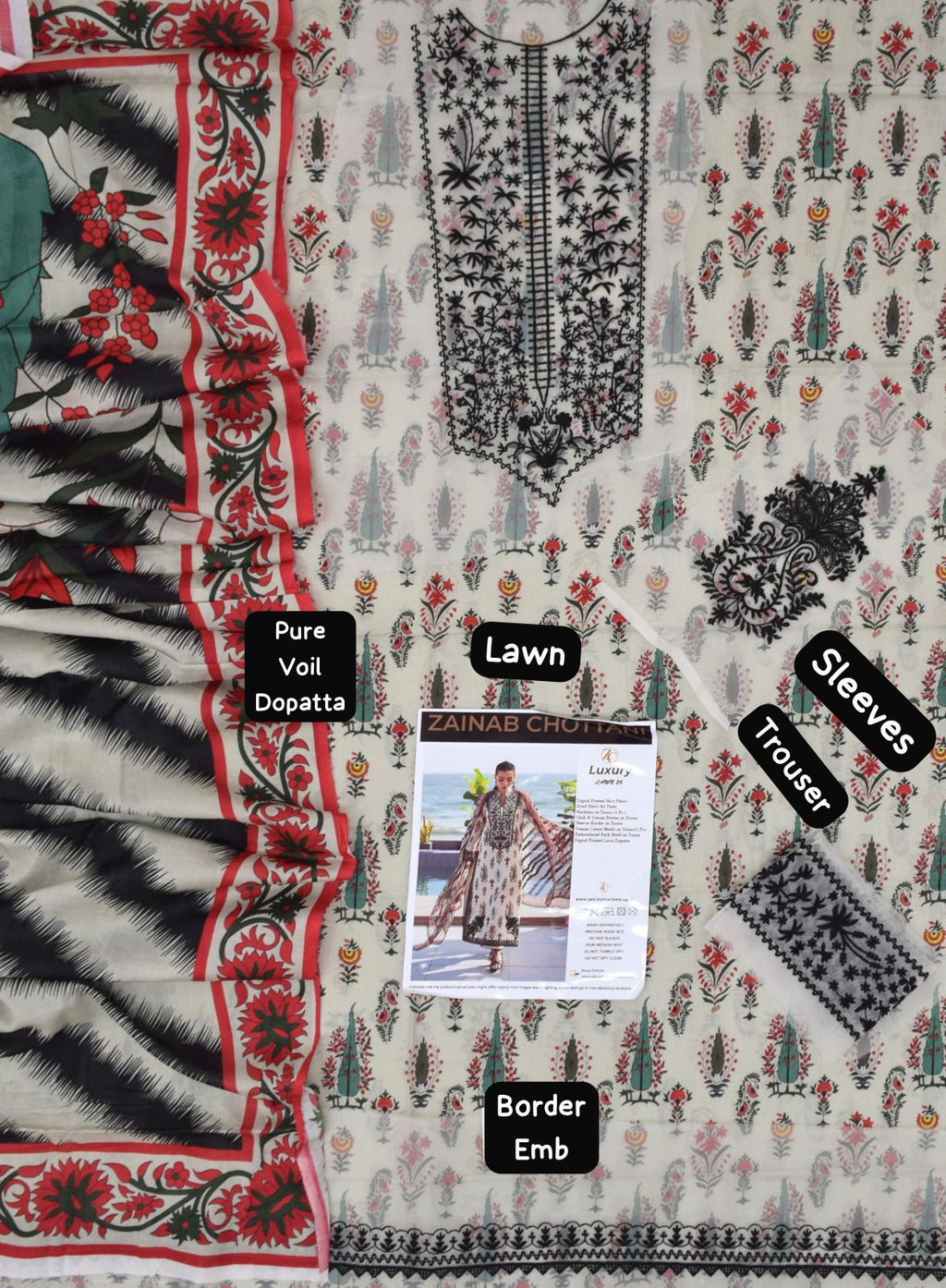 Zainab Chottani - 3pc Embroidered Lawn with Printed Pure Voil Dopatta