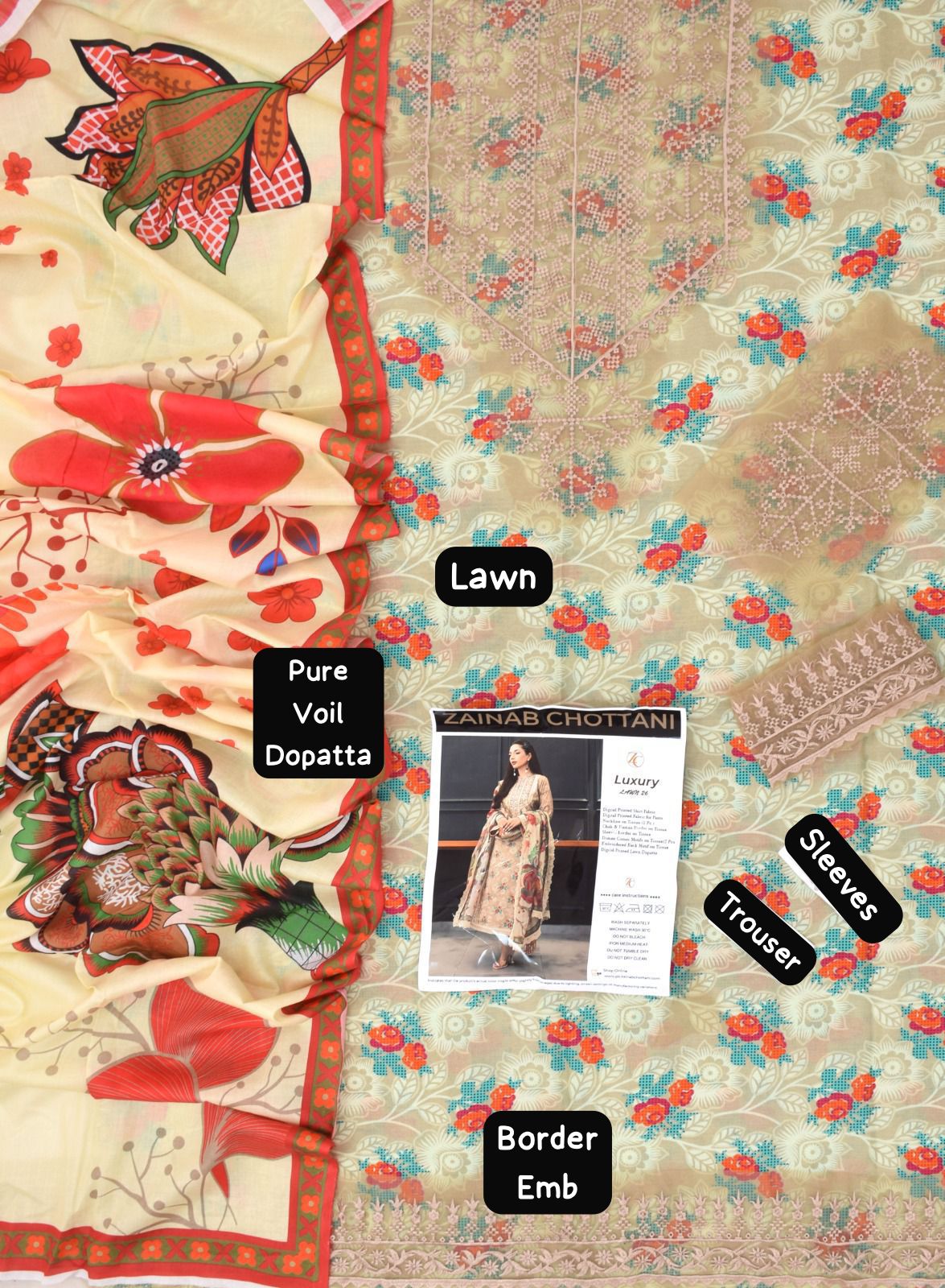 Zainab Chottani - 3pc Embroidered Lawn with Printed Pure Voil Dopatta