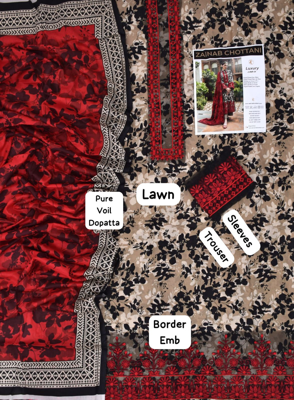 Zainab Chottani - 3pc Embroidered Lawn with Printed Pure Voil Dopatta