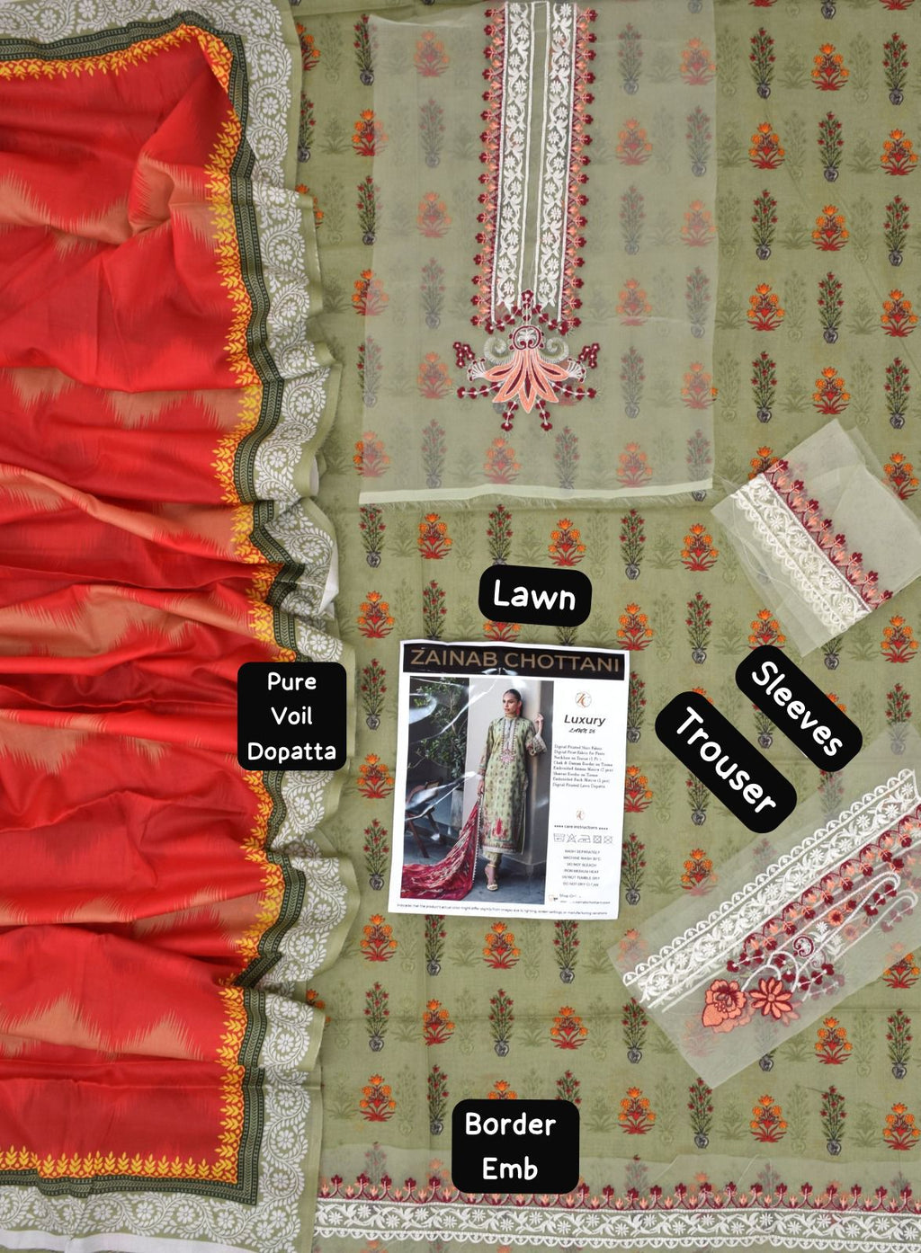 Zainab Chottani - 3pc Embroidered Lawn with Printed Pure Voil Dopatta
