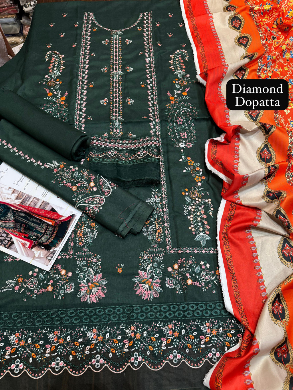 Hussain rehar - 3pc Embroidered Lawn with Digital Print Diamond Dopatta