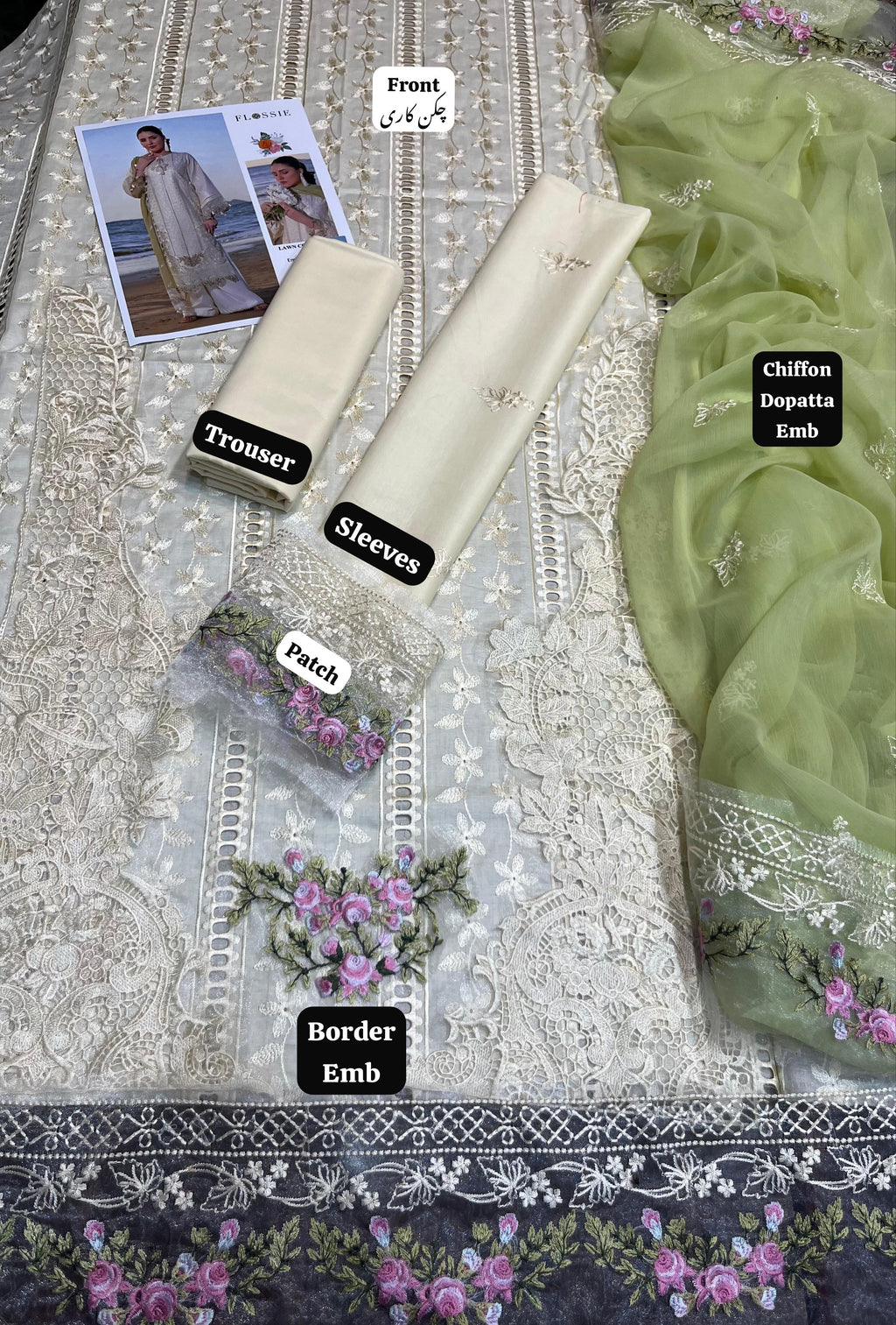 Flossie - 3pc Chikenkari Embroidered Lawn with Chiffon Emb Dopatta