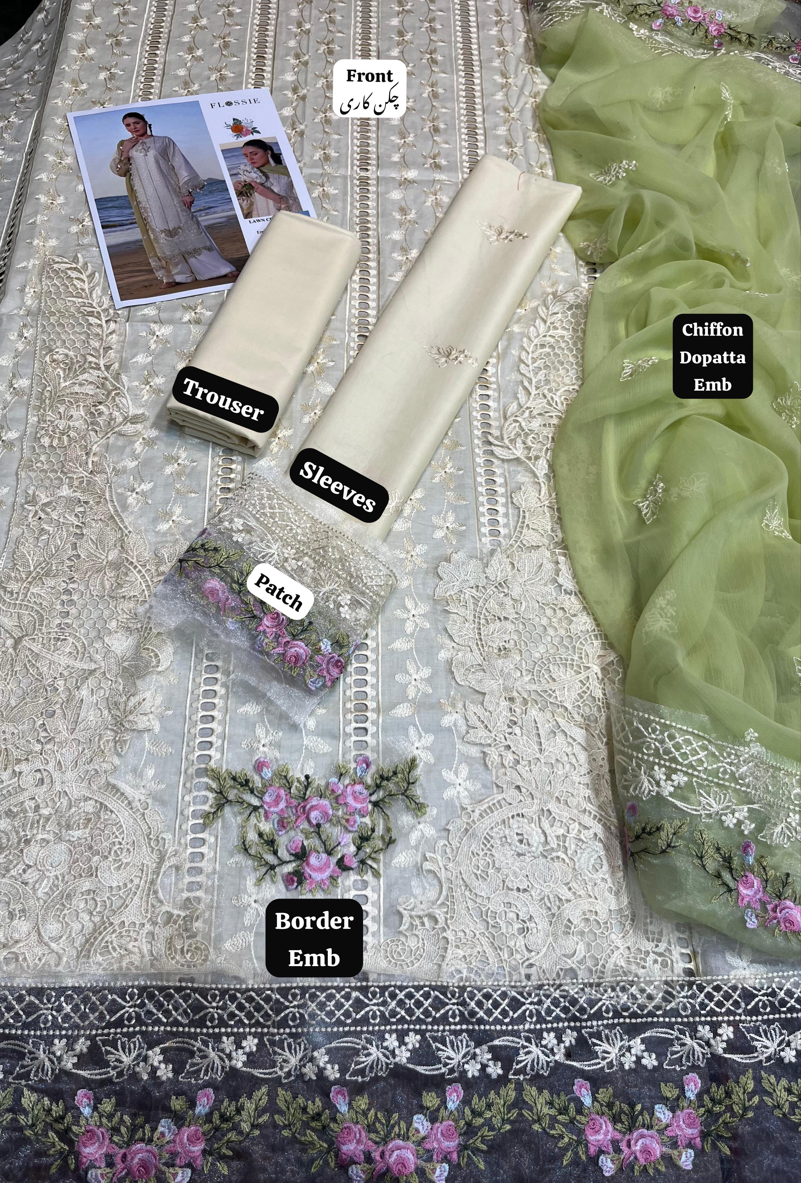 Flossie - 3pc Chikenkari Embroidered Lawn with Chiffon Emb Dopatta