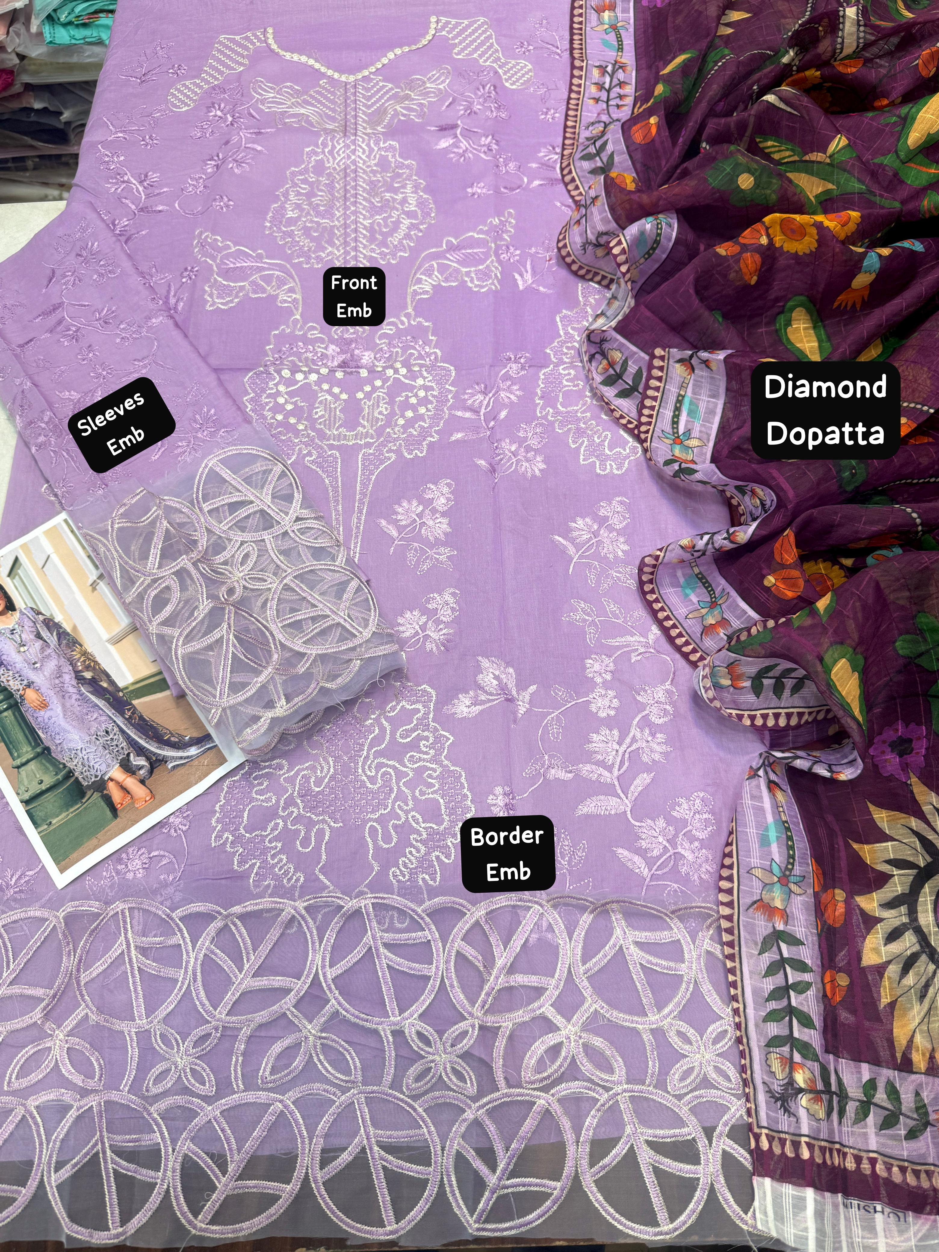 Mushq- 3pc Embroidered Lawn with Printed Diamond Dopatta
