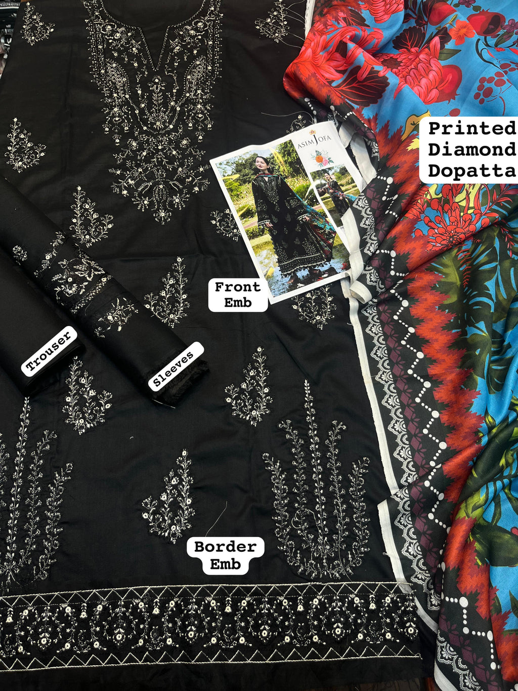 Asim jofa- 3pc Embroidered Lawn with Digital Print Diamond Dopatta
