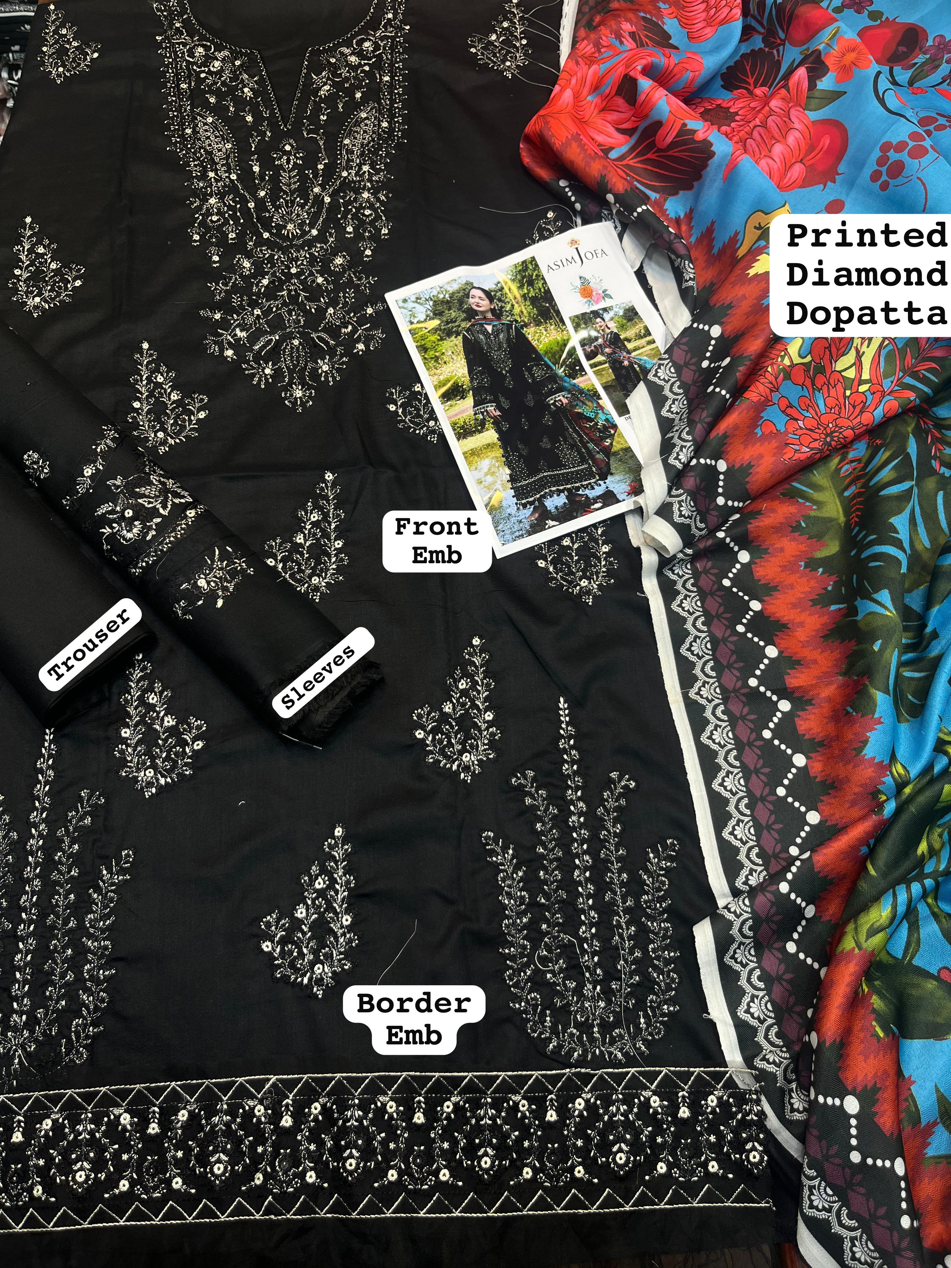 Asim jofa- 3pc Embroidered Lawn with Digital Print Diamond Dopatta