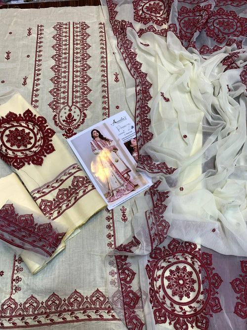 Aneela's - 3pc Embroidered Lawn with Emb Chiffon ready to wear Dopatta
