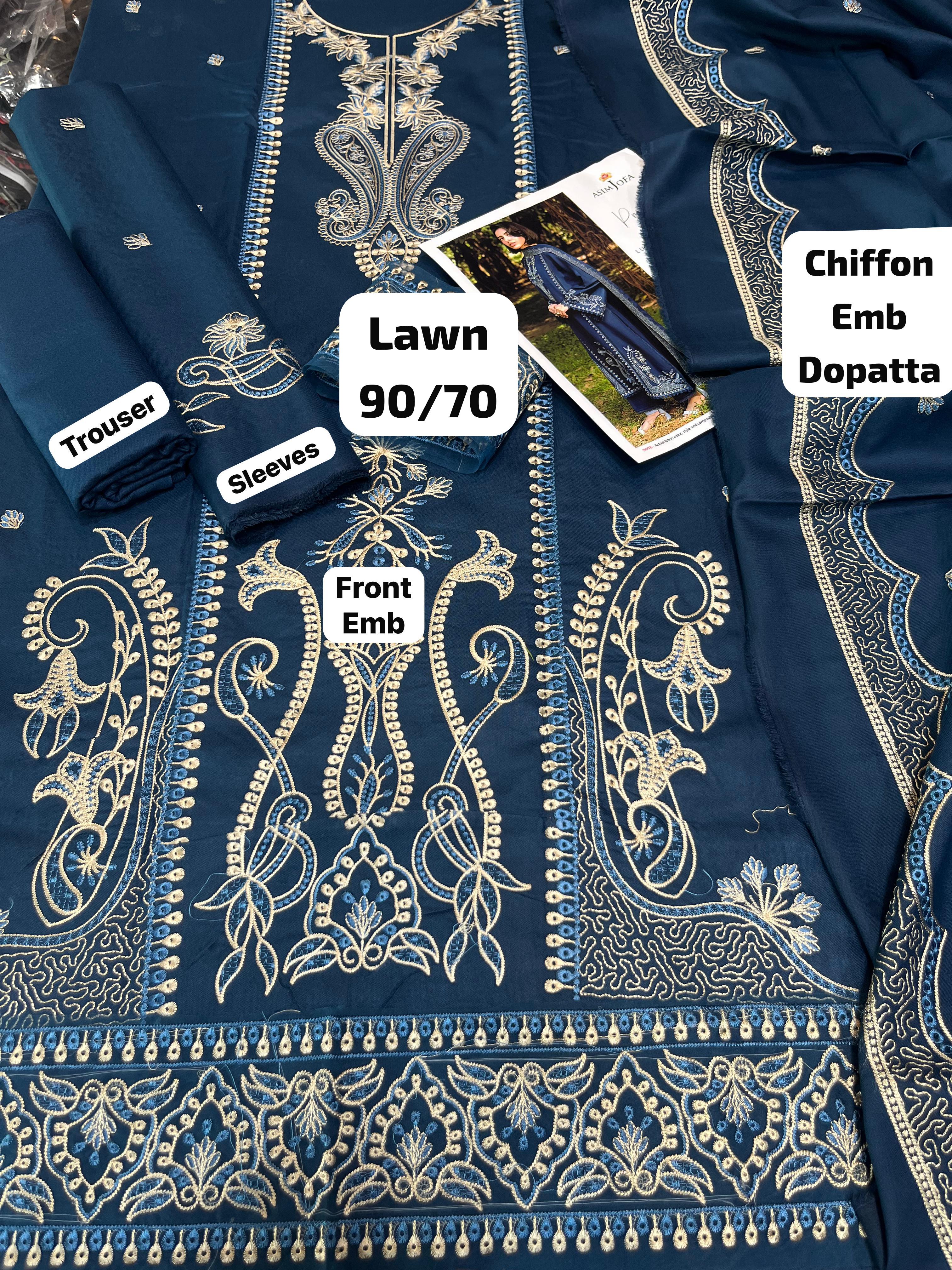 Asim jofa - 3pc Embroidered Lawn with Emb Chiffon Dopatta