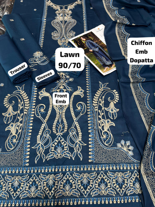 Asim jofa - 3pc Embroidered Lawn with Emb Chiffon Dopatta