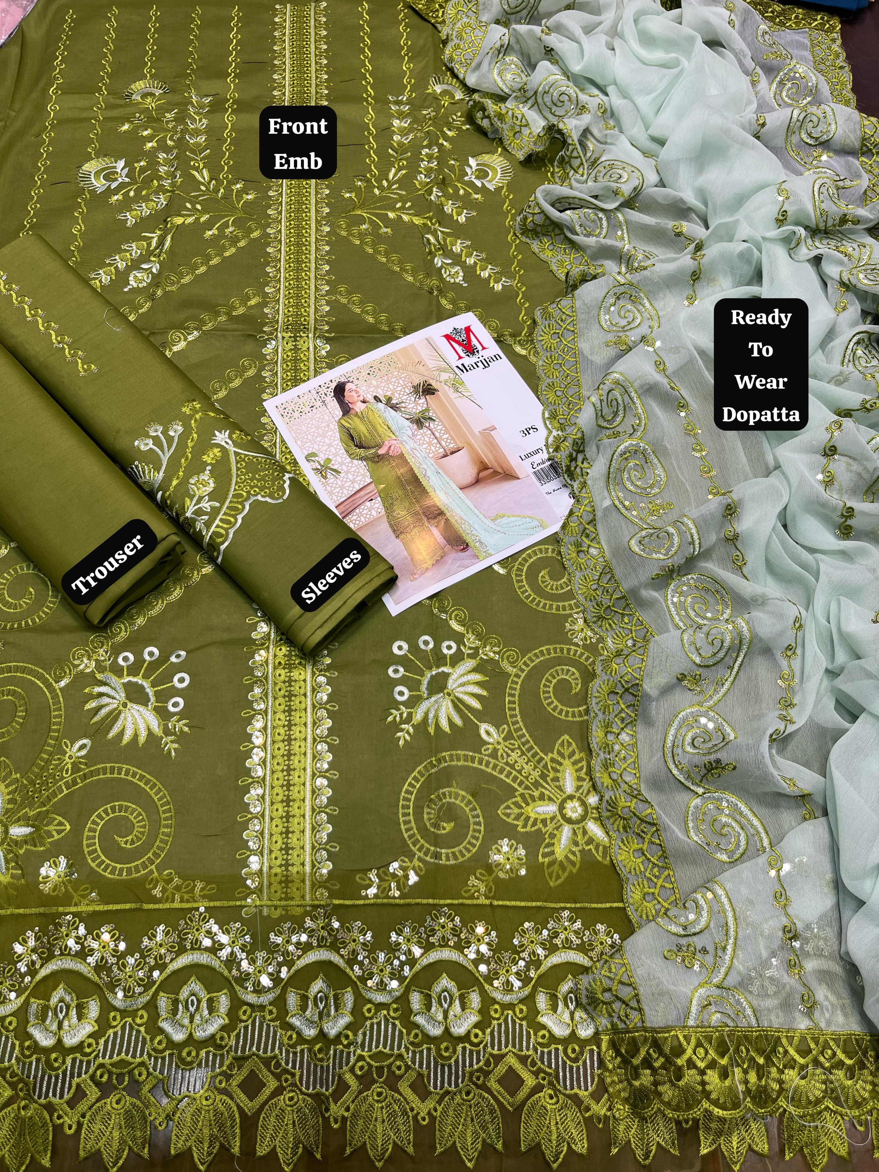 Marjan - 3pc Embroidered Lawn with Ready to wear Emb Chiffon Dopatta