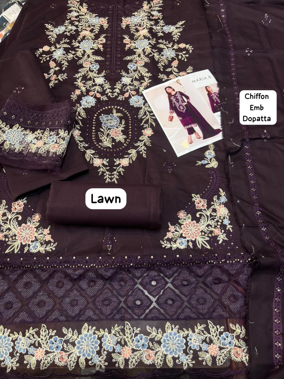 Maria B - 3pc Embroidered Lawn with Emb Chiffon Dopatta