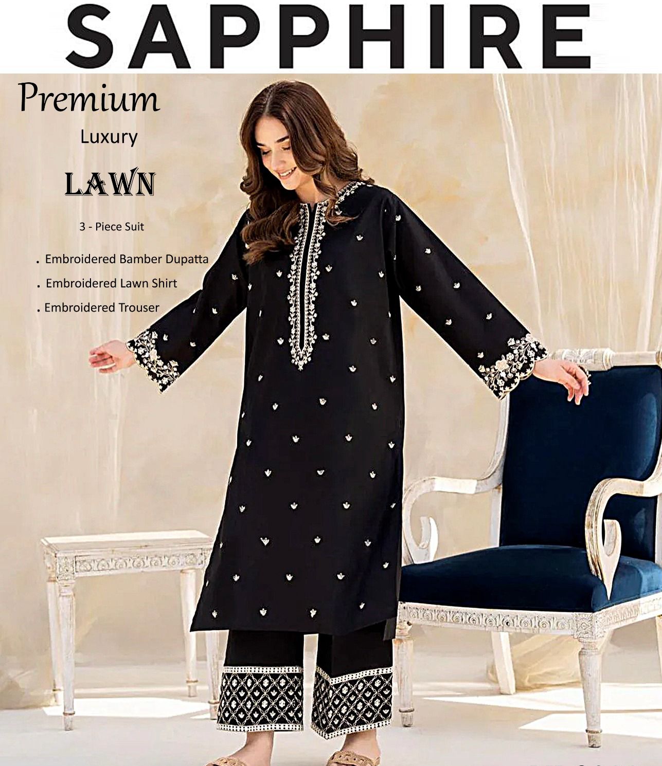 Sapphire - 3pc Embroidered Lawn with Emb Chiffon Dopatta