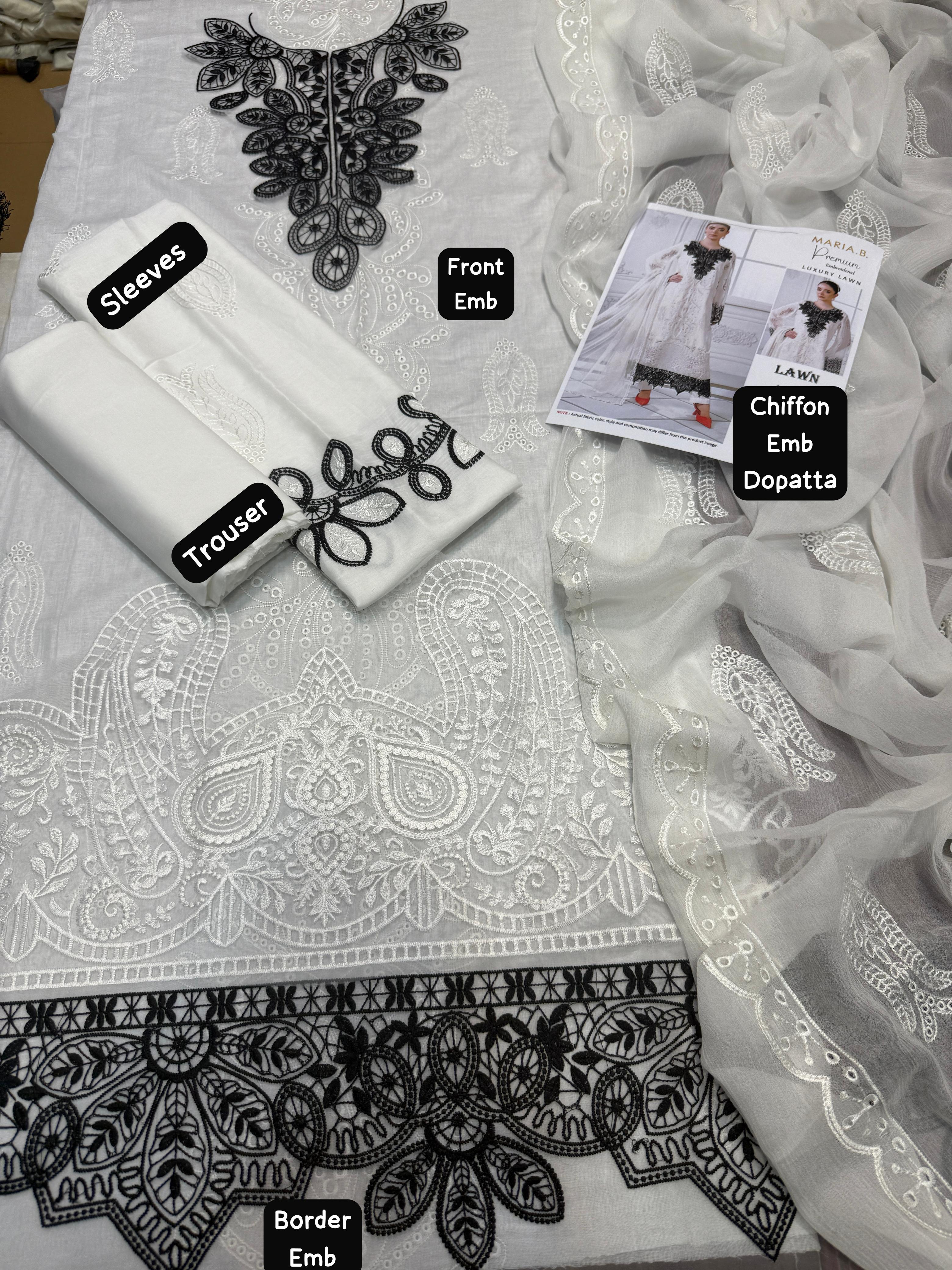 Maria B- 3pc Embroidered Lawn with Emb Chiffon Dopatta