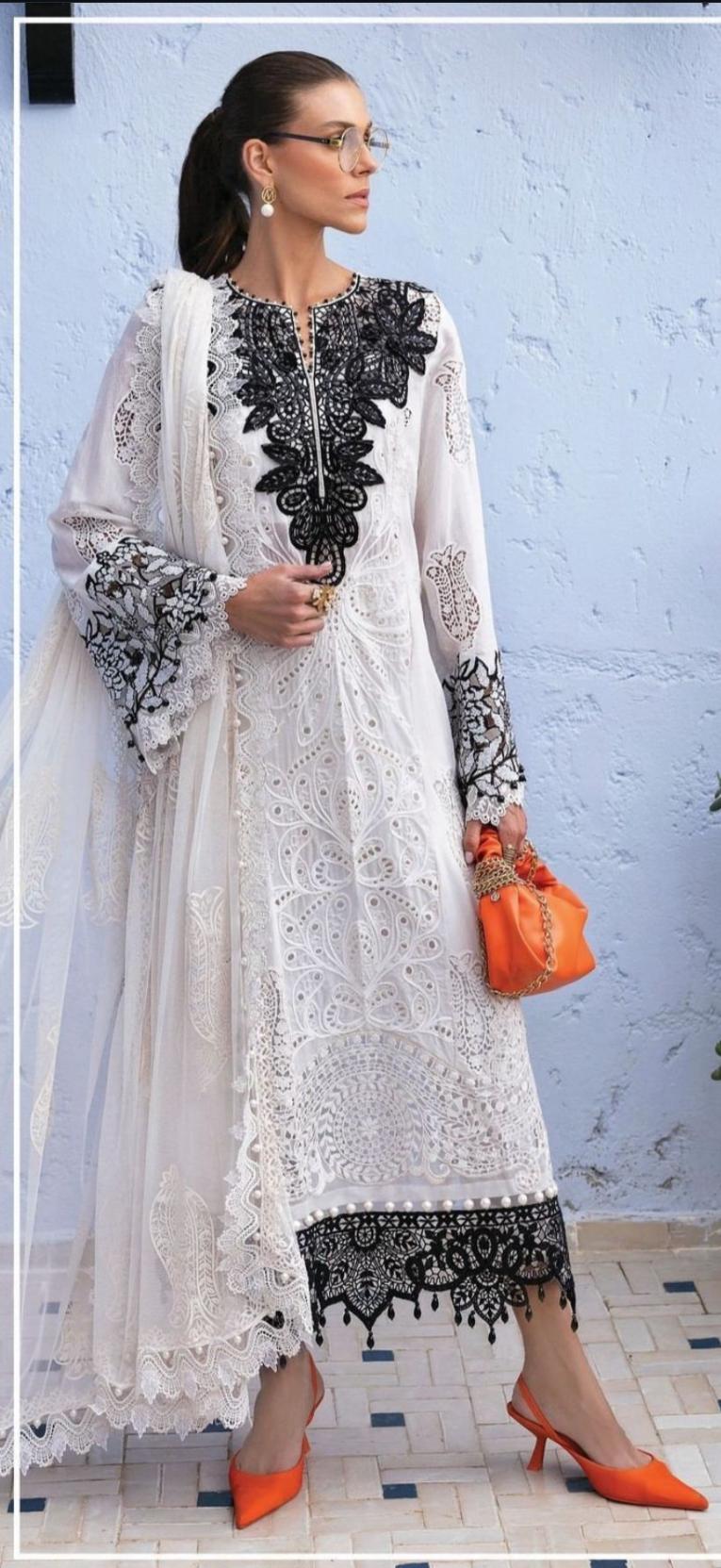 Maria B- 3pc Embroidered Lawn with Emb Chiffon Dopatta