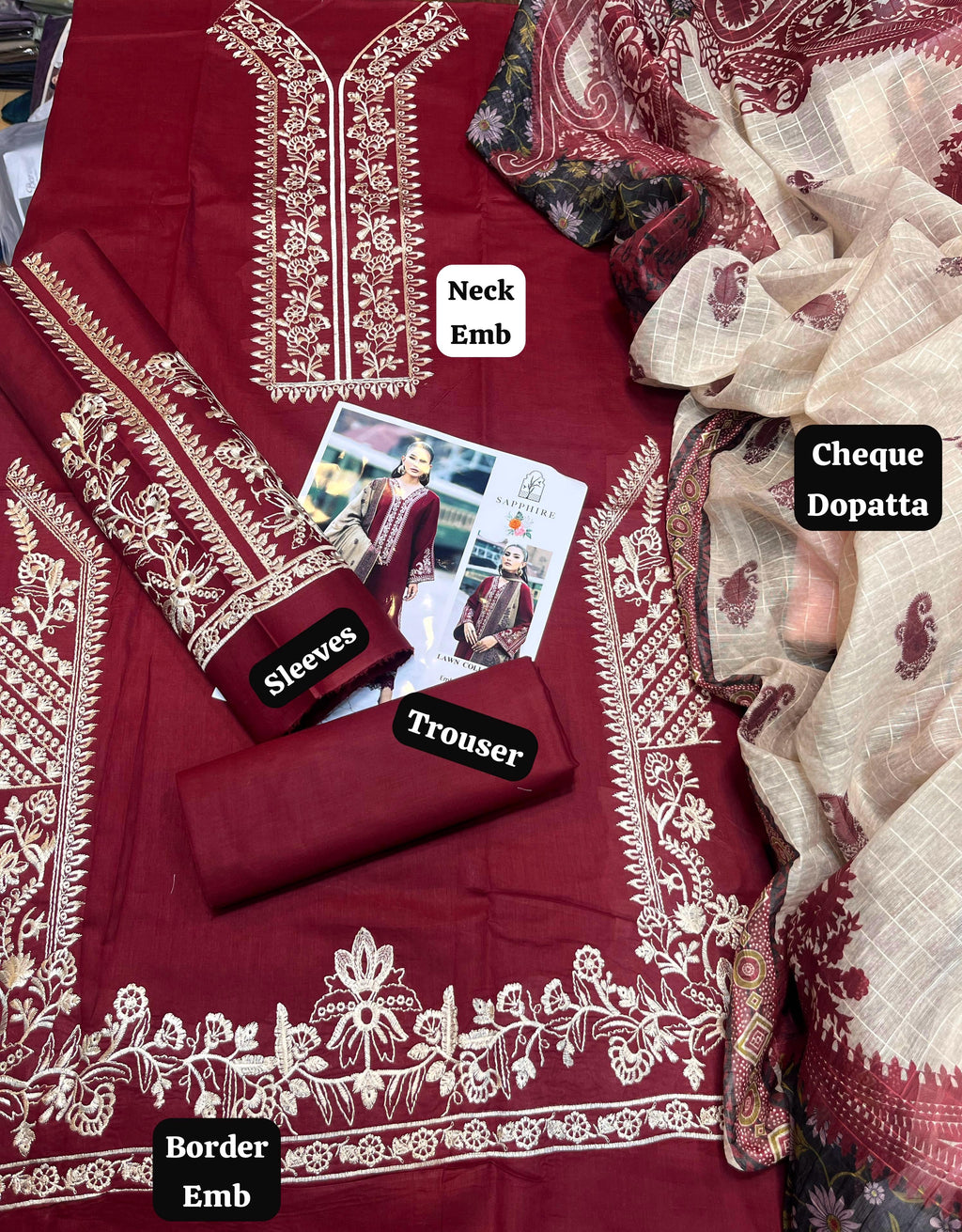 Sapphire - 3pc Embroidered Lawn with Printed Diamond Dopatta