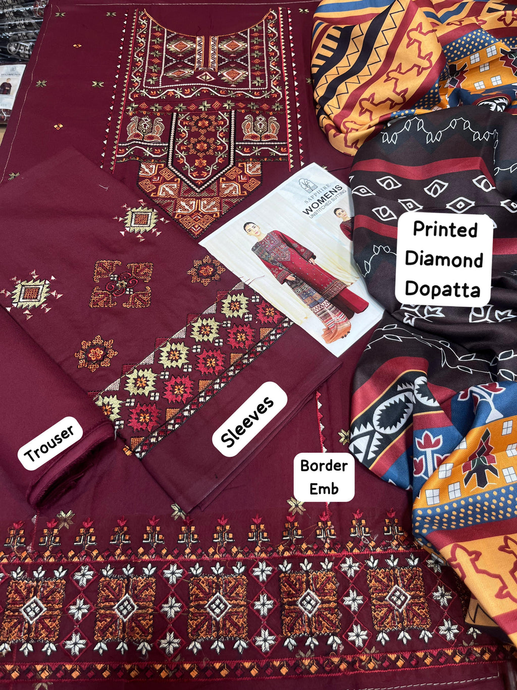 Sapphire - 3pc Embroidered Lawn with Printed Diamond Dopatta