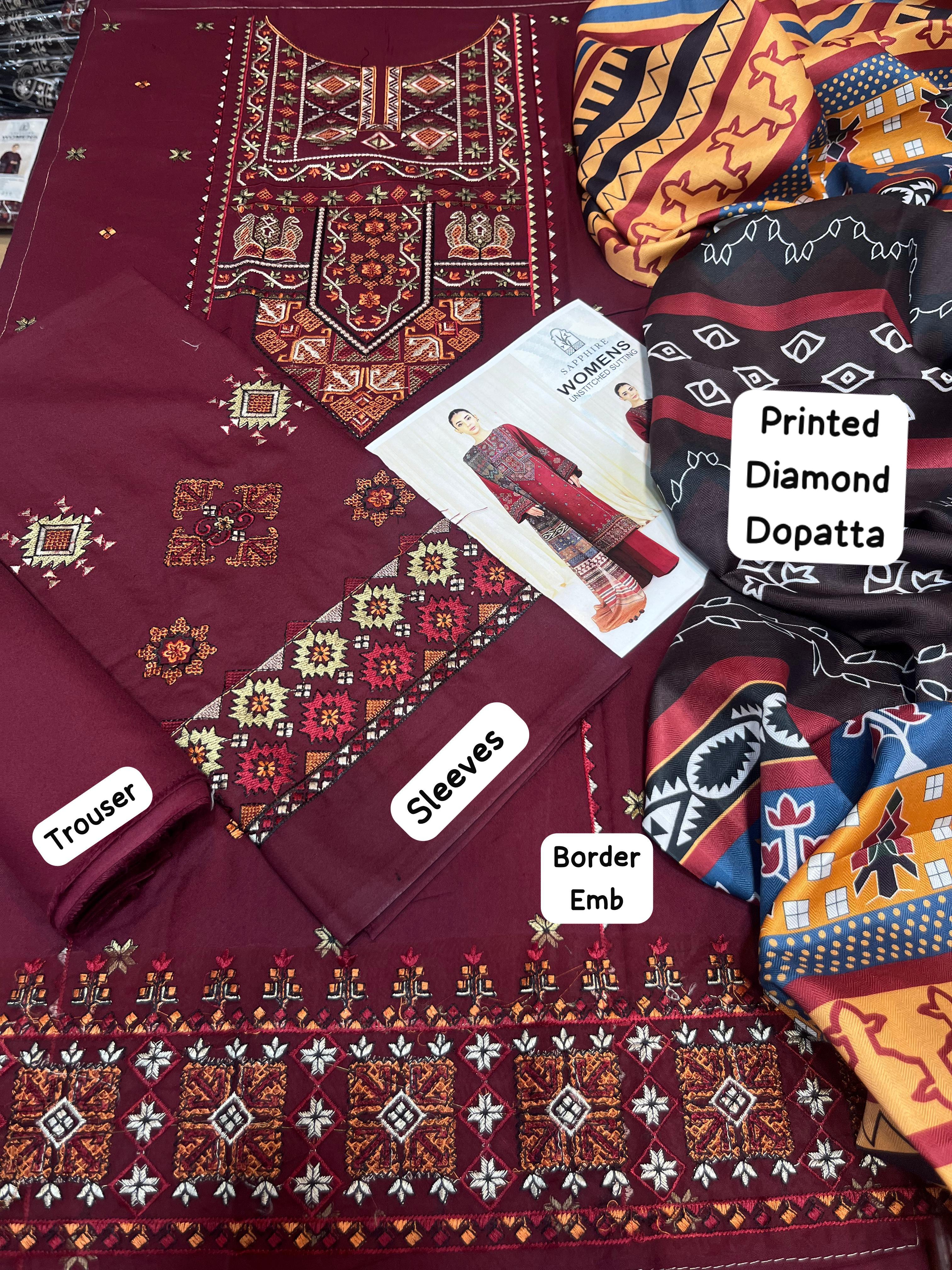 Sapphire - 3pc Embroidered Lawn with Printed Diamond Dopatta