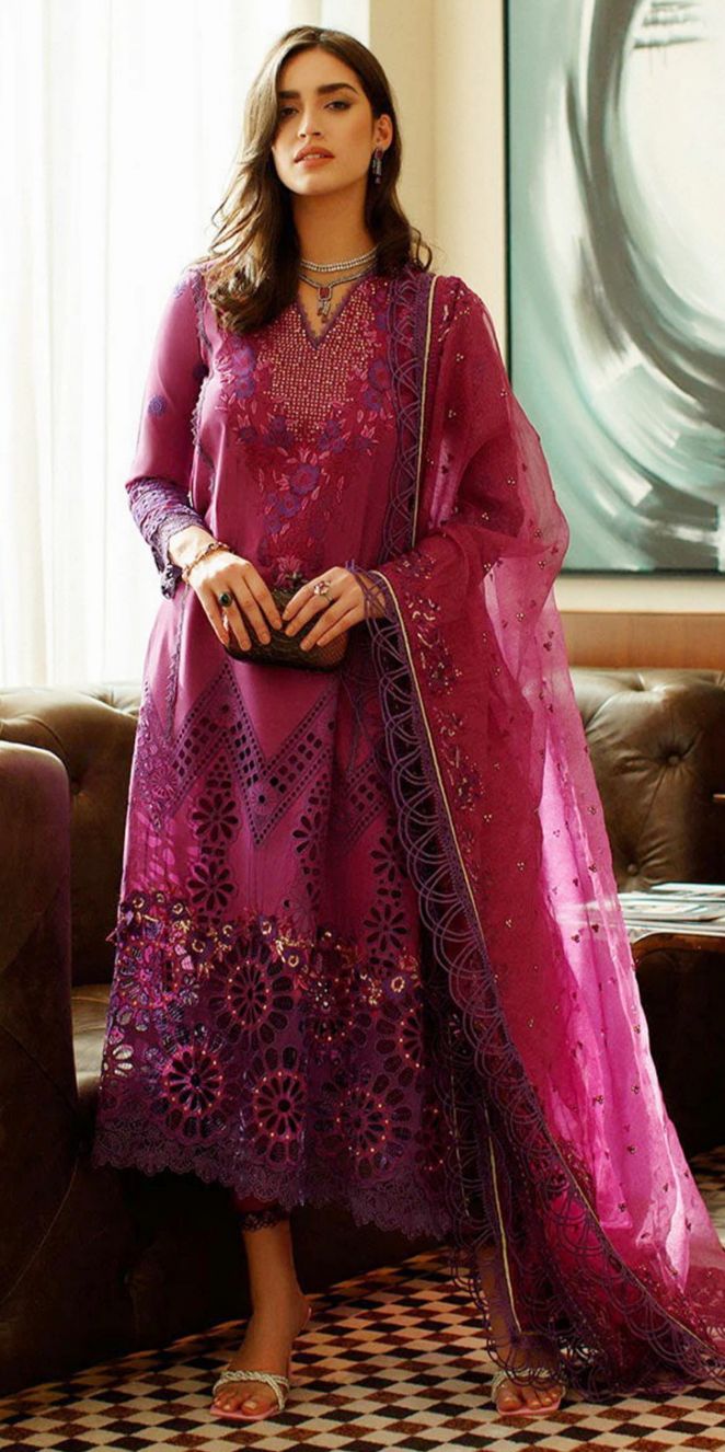 Mushq - 3pc Chikenkari Embroidered Lawn with Emb Organza Dopatta