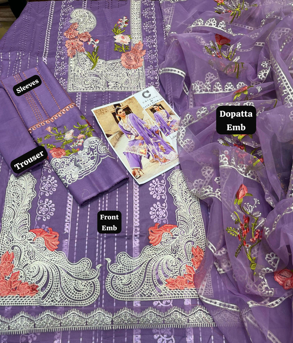 Saira Rizwan - 3pc Embroidered Lawn with Emb Organza Dopatta
