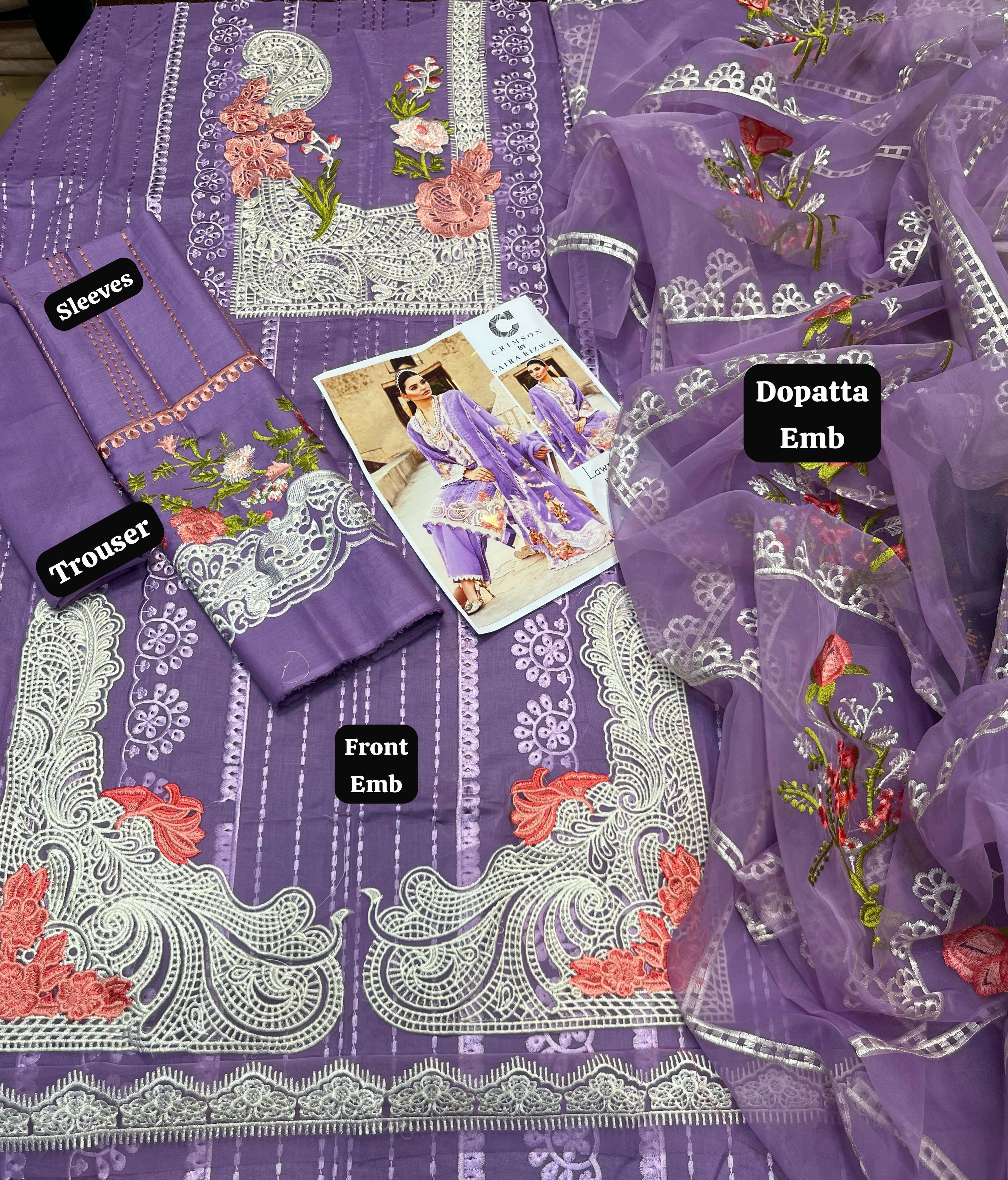 Saira Rizwan - 3pc Embroidered Lawn with Emb Organza Dopatta
