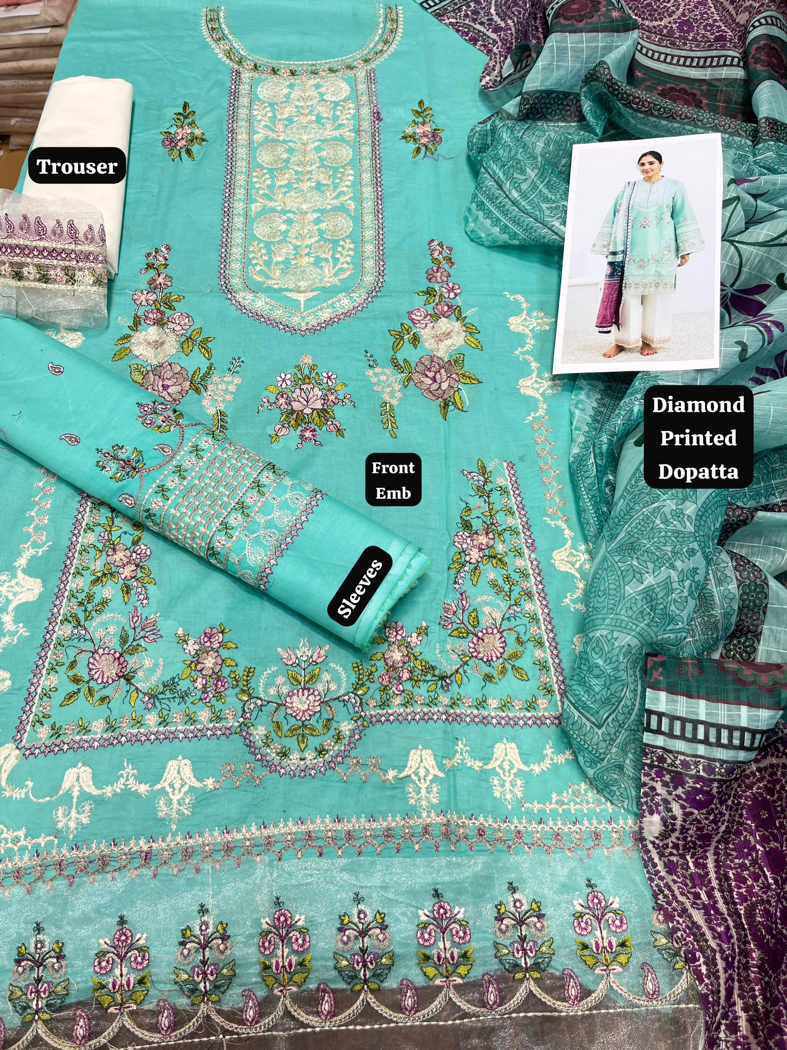 Zarashahjahan- 3pc Embroidered Lawn with Printed Diamond Dopatta