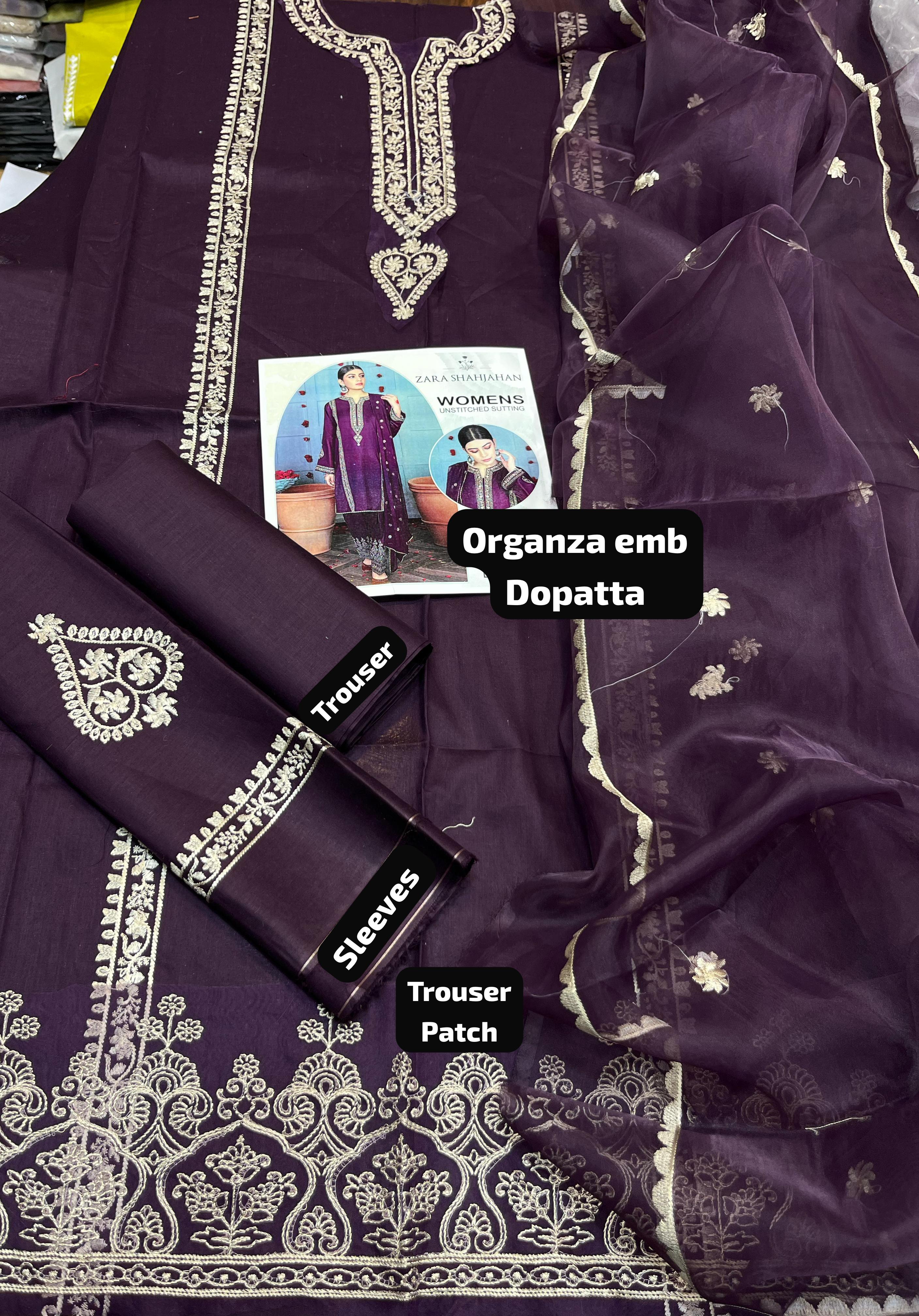 Zarashajahan- 3pc Embroidered Lawn with Emb Organza Dopatta