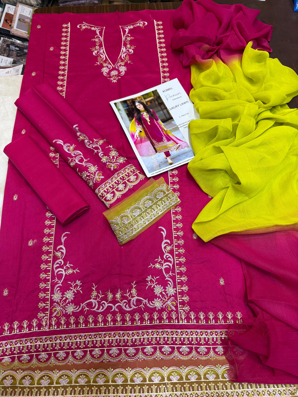 Omal Komal - 3pc Embroidered Lawn with Simple 2 Tone Chiffon Dopatta